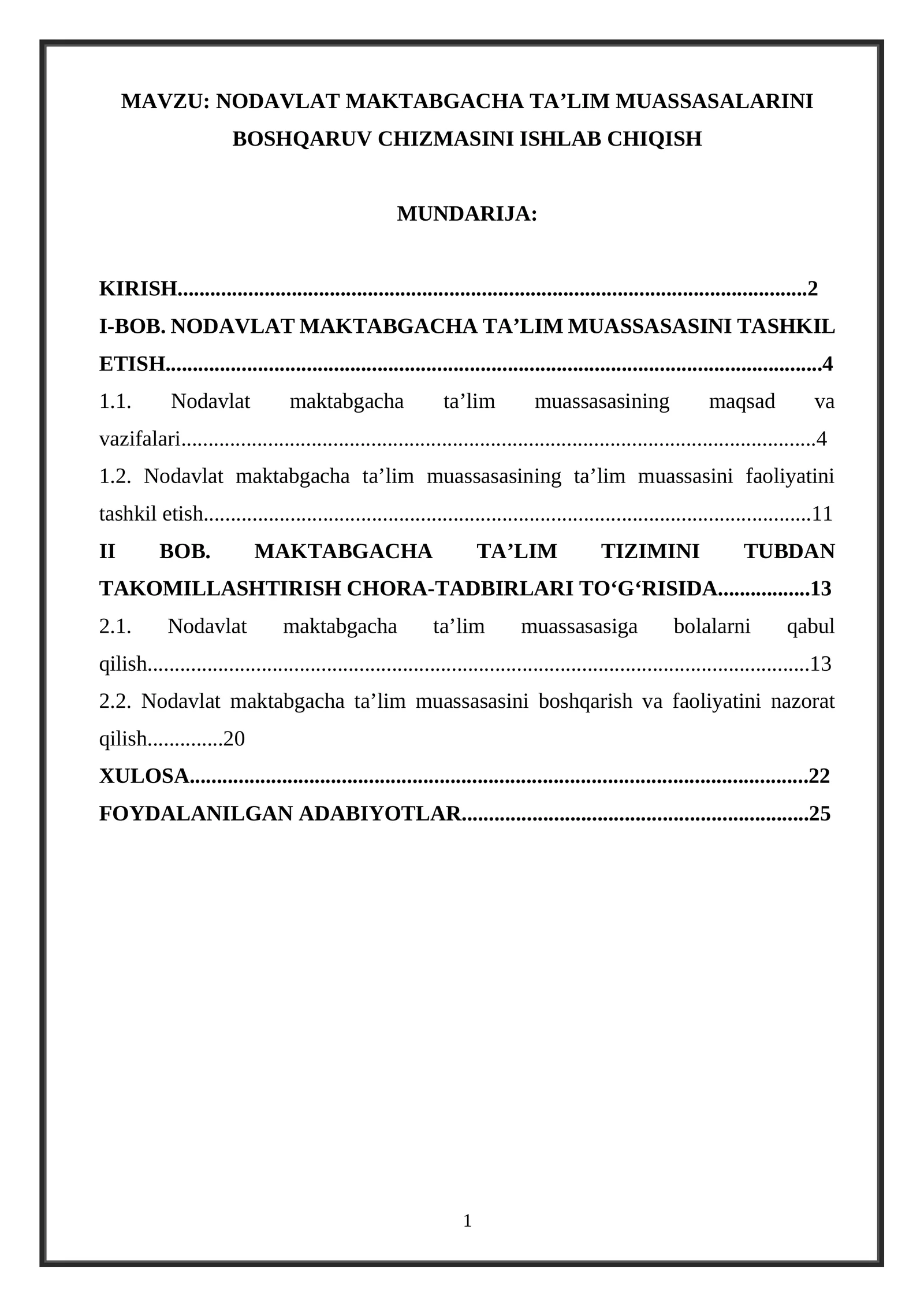 Nodavlat maktabgacha taʼlim muassasalarini boshqaruv chizmasini ishlab chiqish