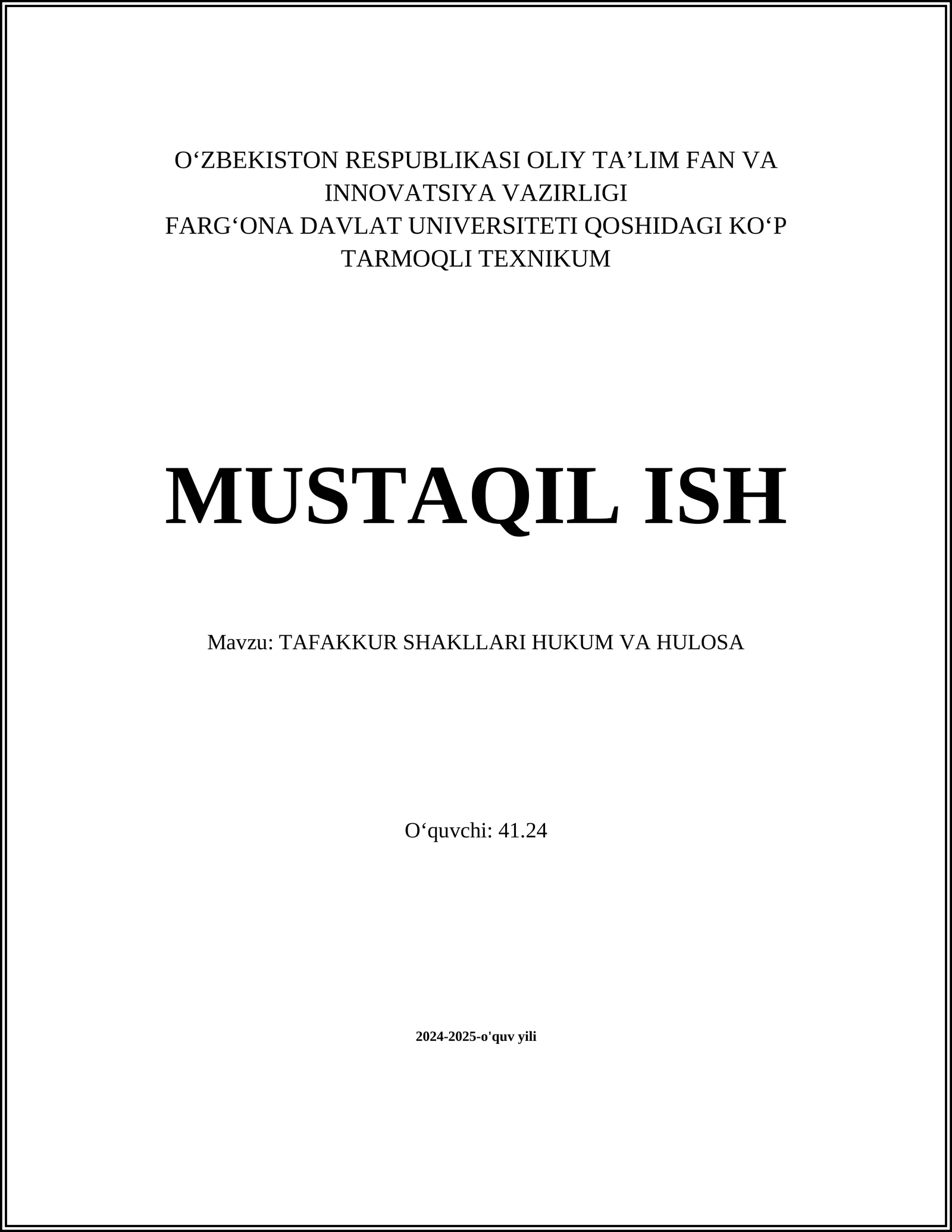 TAFAKKUR SHAKLLARI HUKUM VA HULOSA