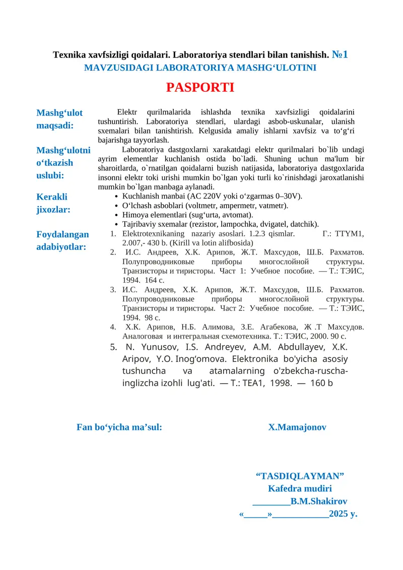 Texnika xavfsizligi qoidalari. Laboratoriya stendlari bilan tanishish. №1