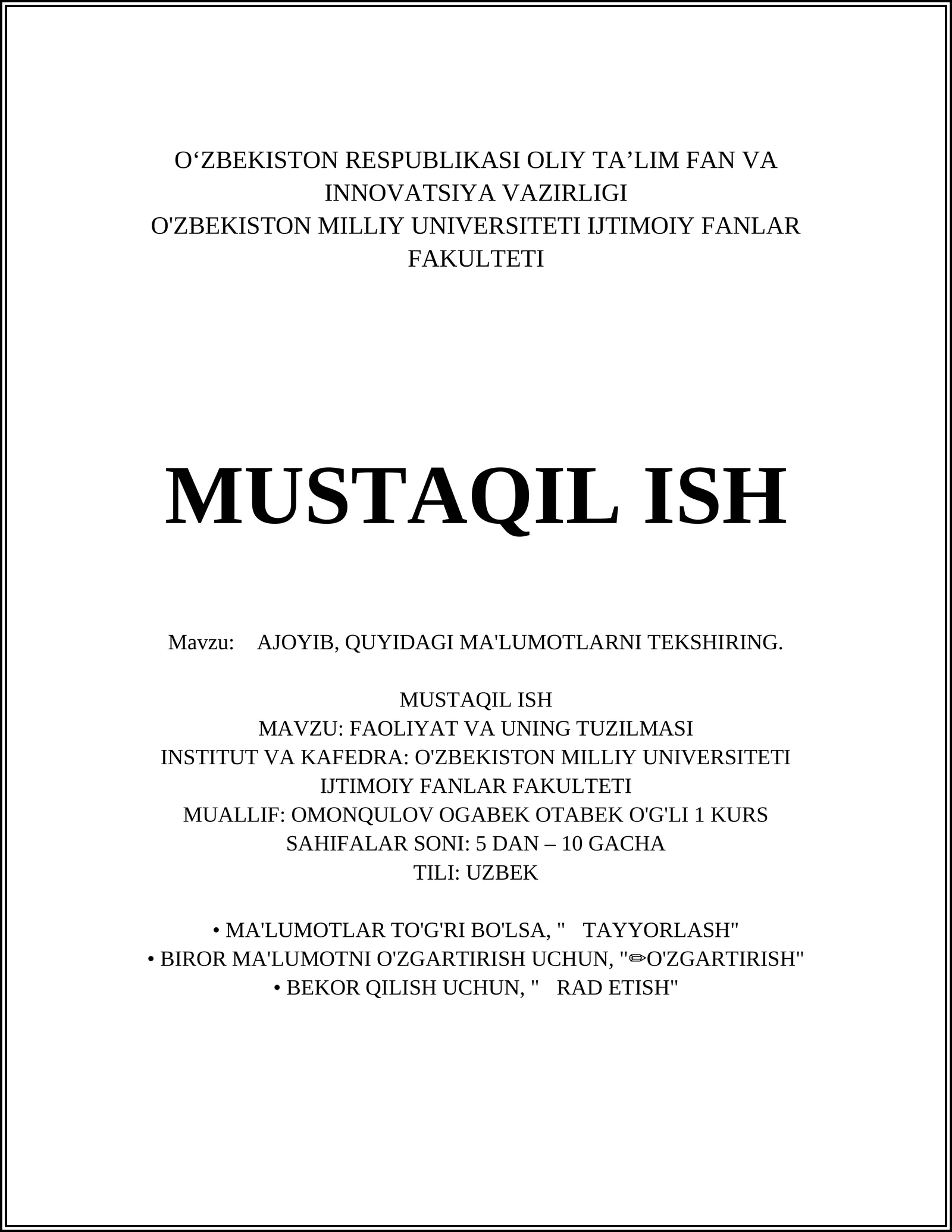 AJOYIB, QUYIDAGI MA'LUMOTLARNI TEKSHIRING