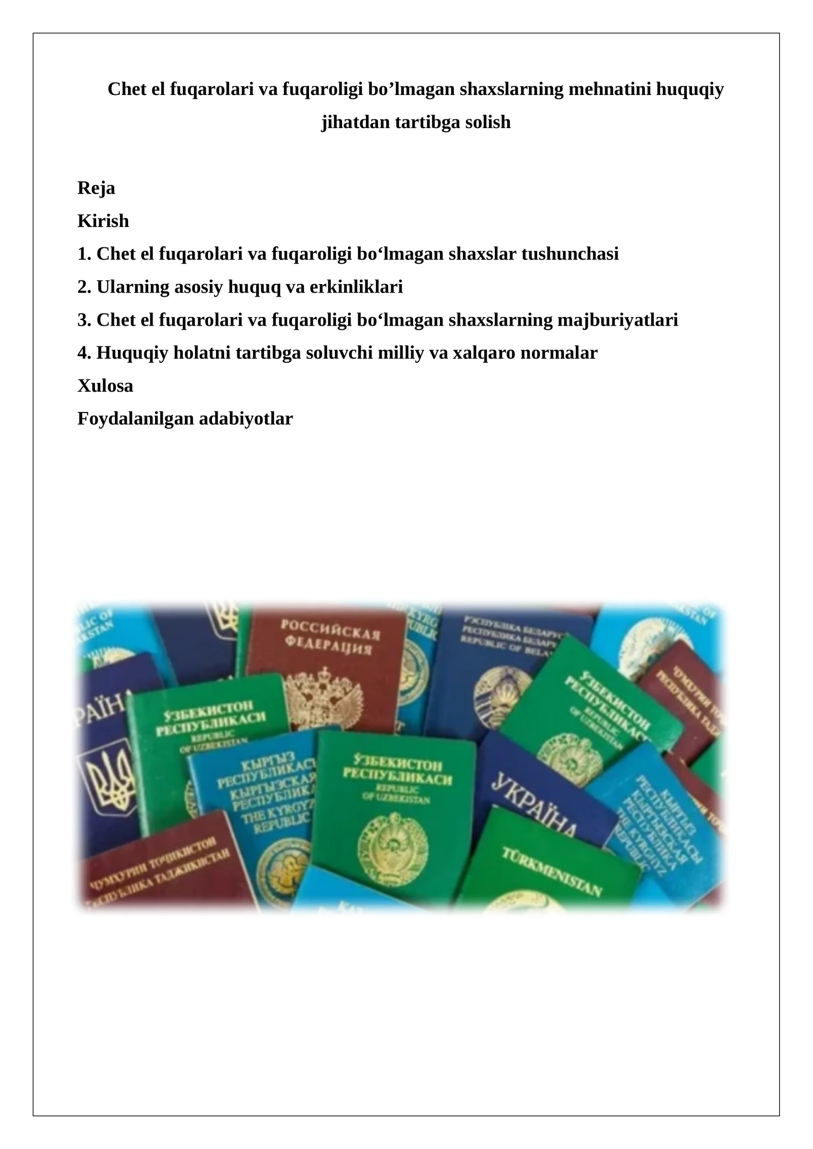 Chet el fuqarolari va fuqaroligi bo'lmagan shaxslarning mehnatini huquqiy jihatdan tartibga solish