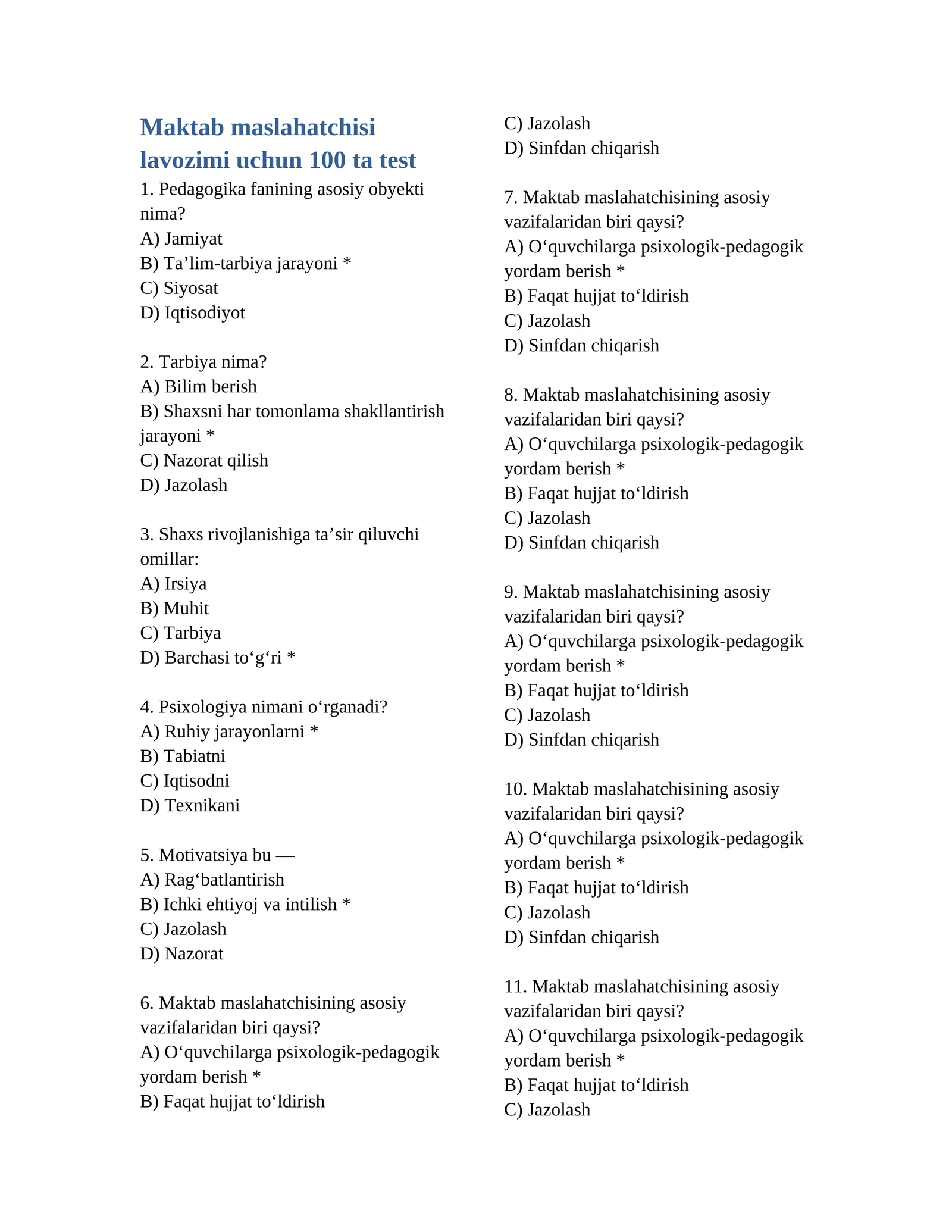 Maktab maslahatchisi lavozimi uchun 100 ta test javobi bilan