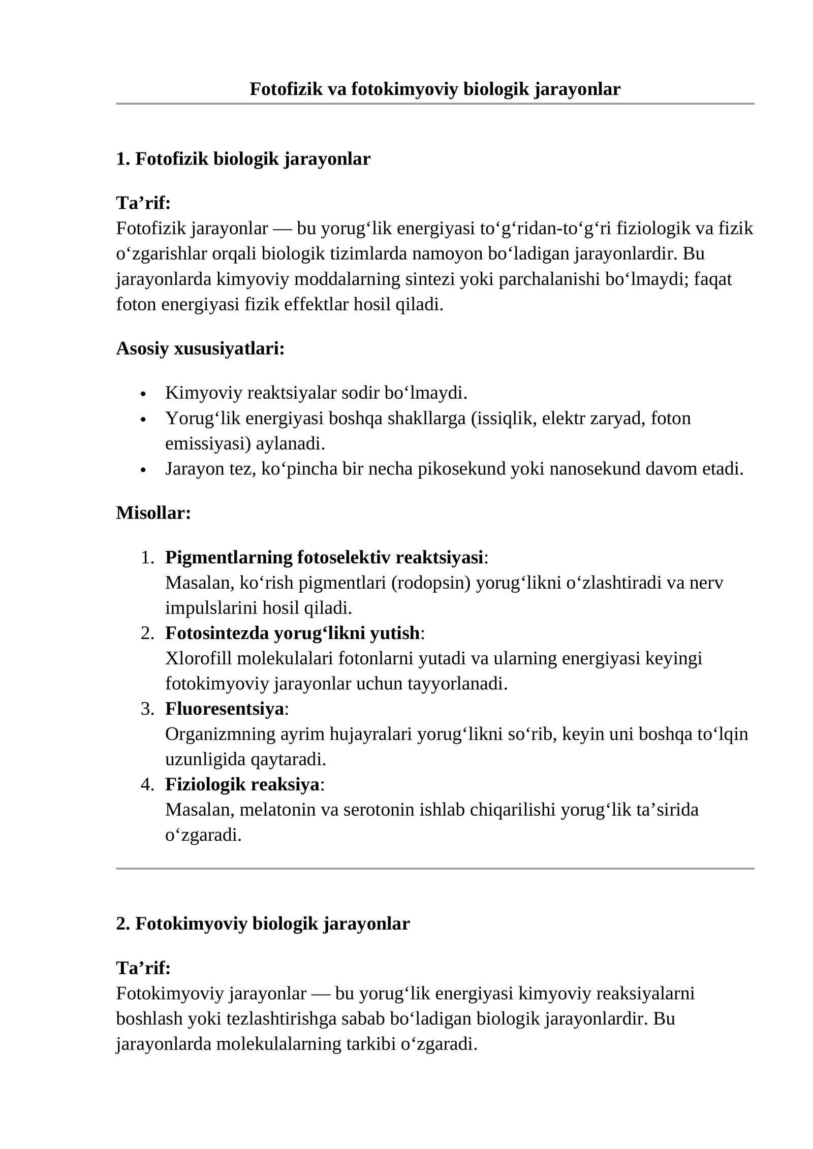 Fotofizik va fotokimyoviy biologik jarayonlar