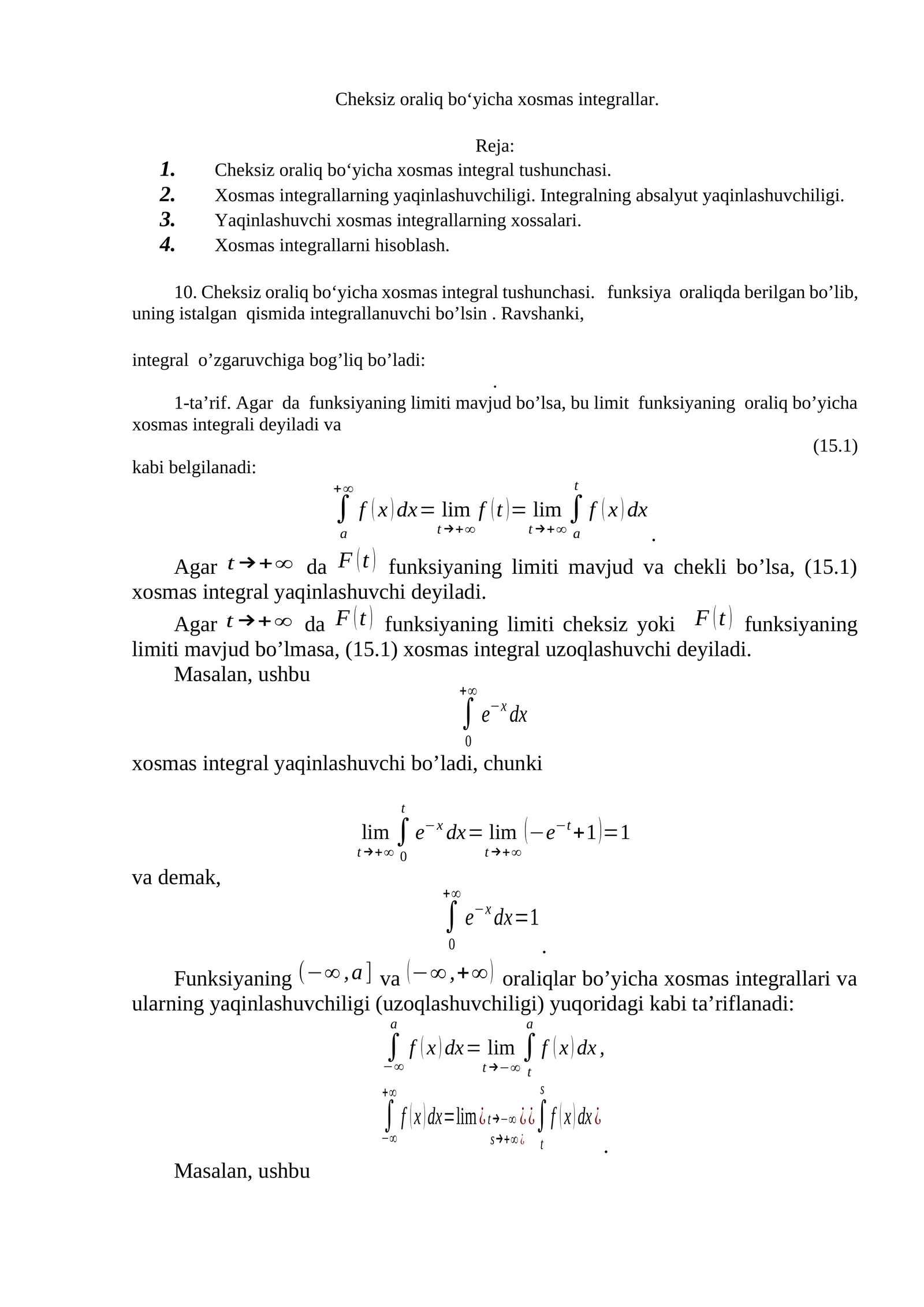 Cheksiz oraliq bo‘yicha xosmas integrallar