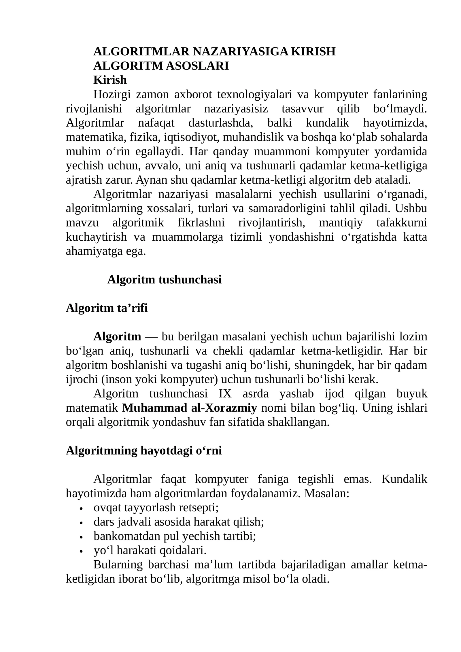 ALGORITMLAR NAZARIYASIGA KIRISH