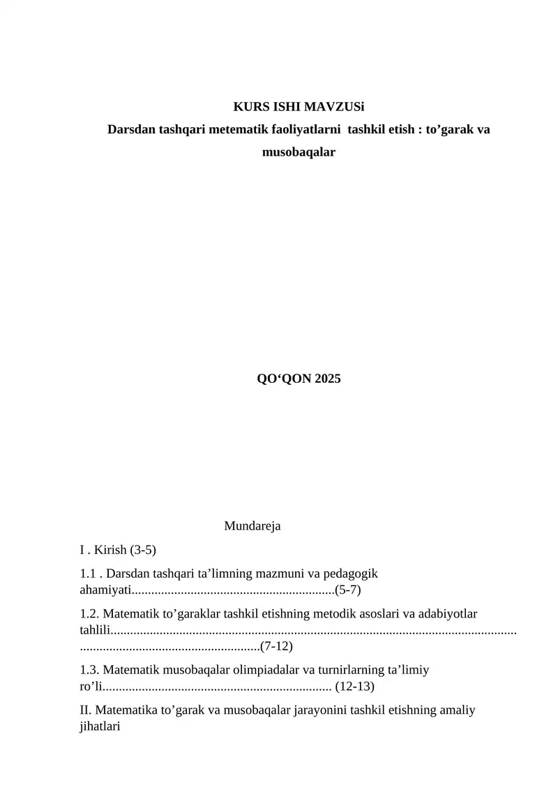 Matematik to’garaklar tashkil etishning metodik asoslari va adabiyotlar tahlili