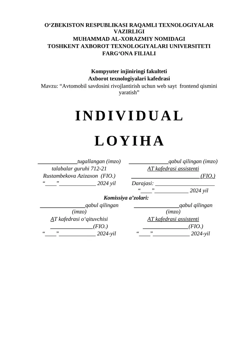 Avtomobil savdosini rivojlantirish uchun web sayt frontend qismini yaratish