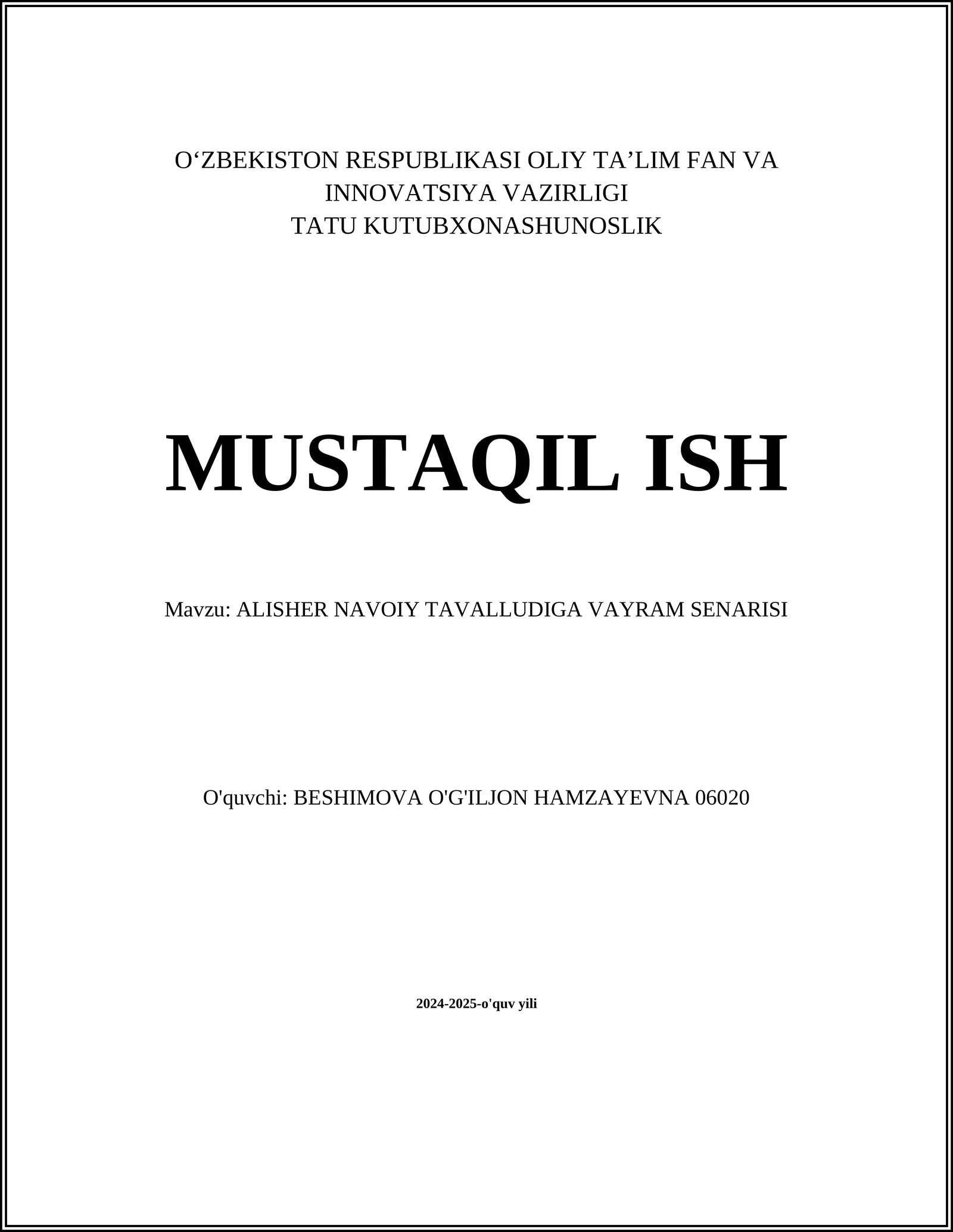 ALISHER NAVOIY TAVALLUDIGA VAYRAM SENARISI