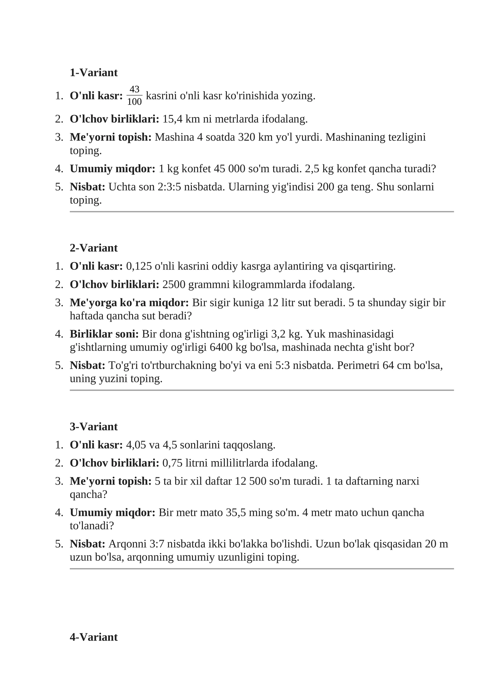 5-sinflar uchun 3-chorak nazorat ishi savollari