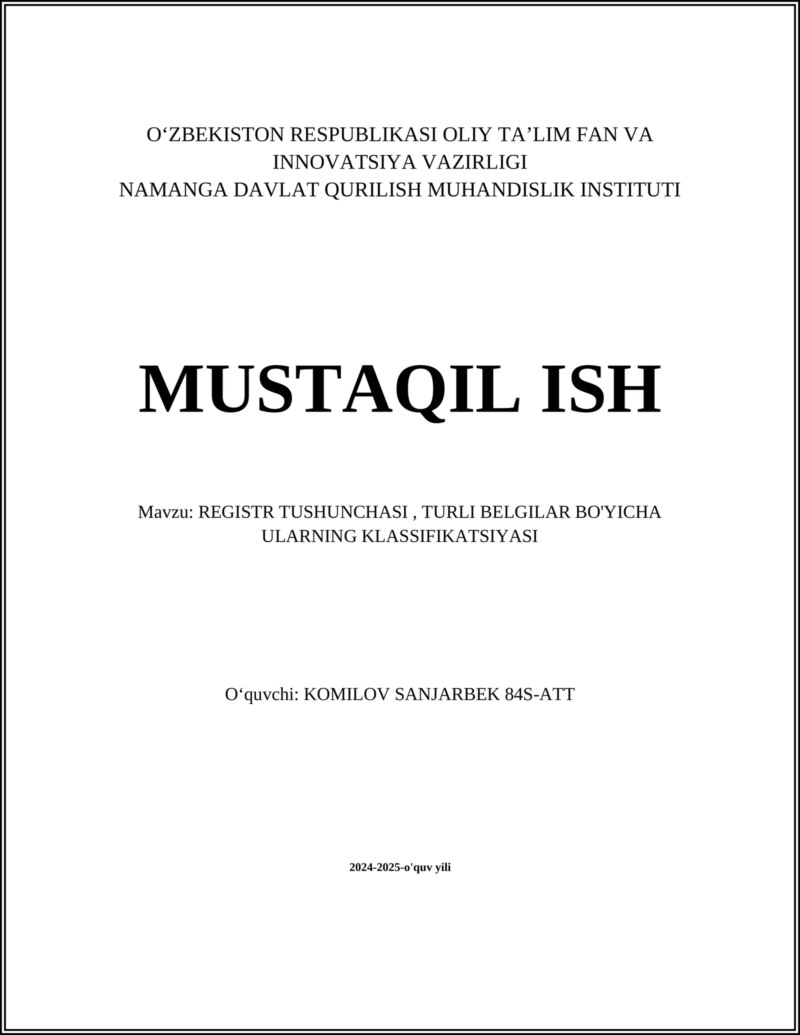 REGISTR TUSHUNCHASI, TURLI BELGILAR BO'YICHA ULARNING KLASSIFIKATSIYASI