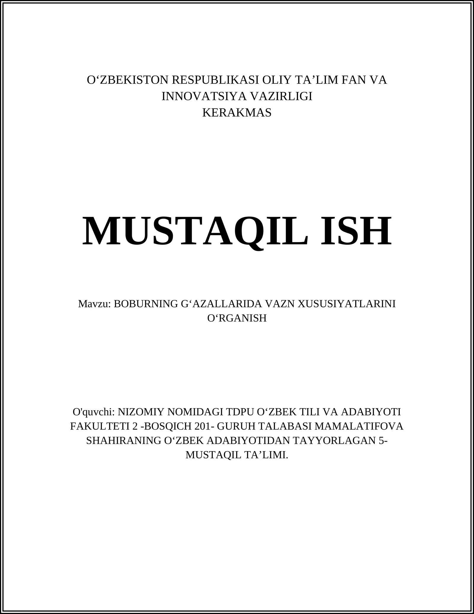 BOBURNING GʻAZALLARIDA VAZN XUSUSIYATLARINI OʻRGANISH