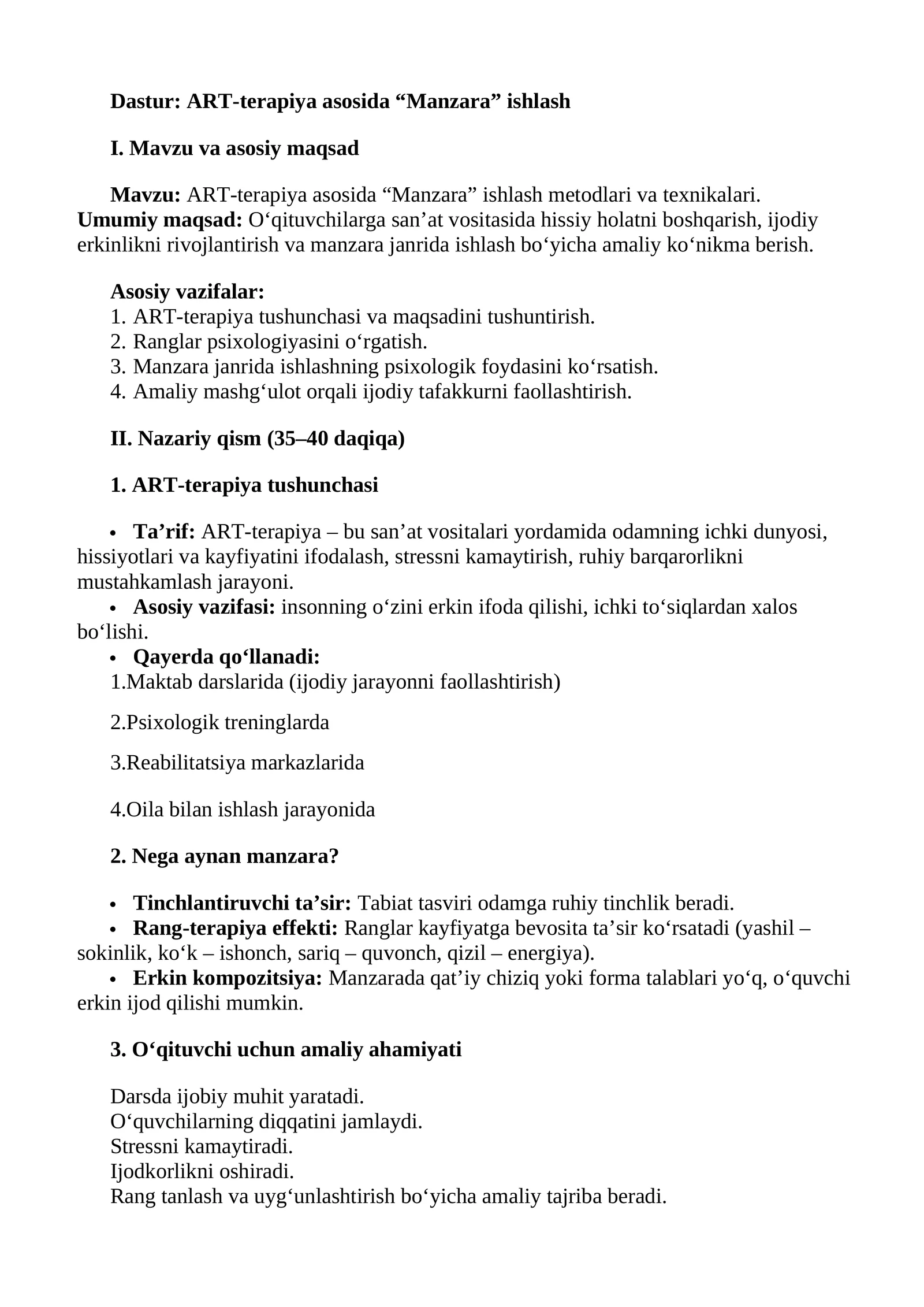 ART-terapiya asosida “Manzara” ishlash
