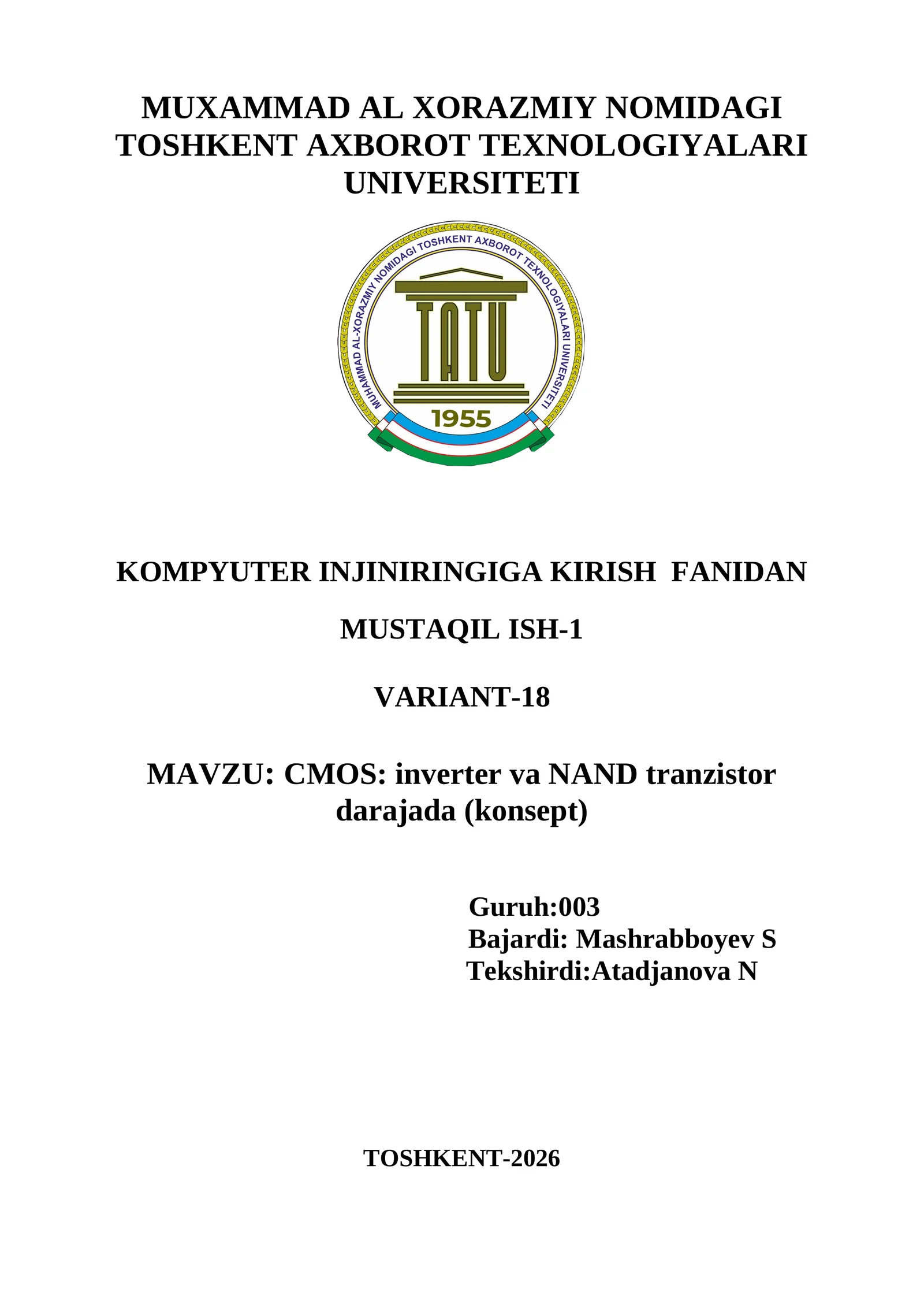 CMOS: inverter va NAND tranzistor darajada (konsept)