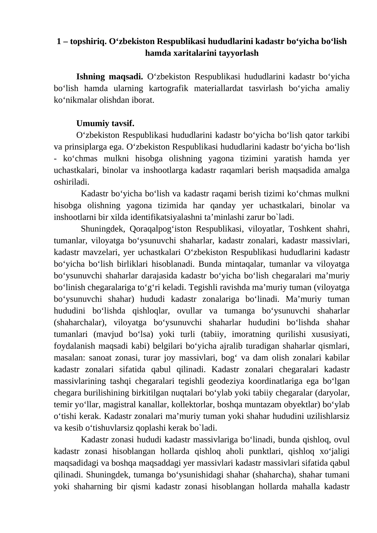 O‘zbekiston Respublikasi hududlarini kadastr bo‘yicha bo‘lish hamda xaritalarini tayyorlash