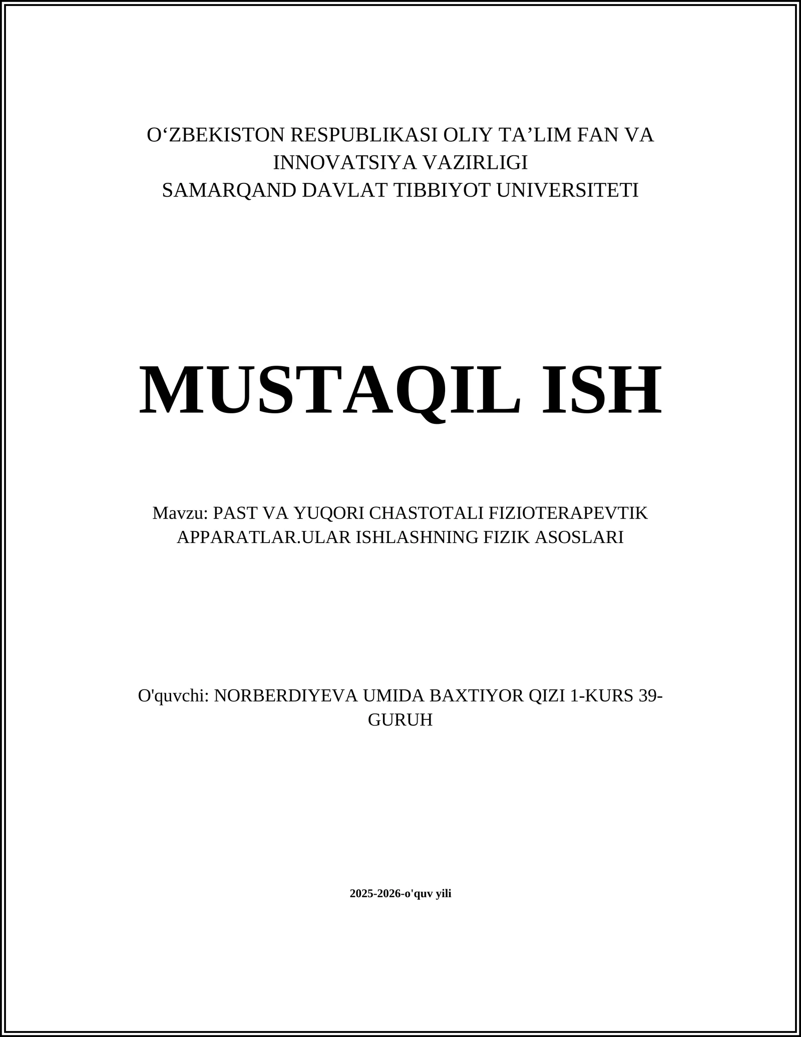 PAST VA YUQORI CHASTOTALI FIZIOTERAPEVTIK APPARATLAR