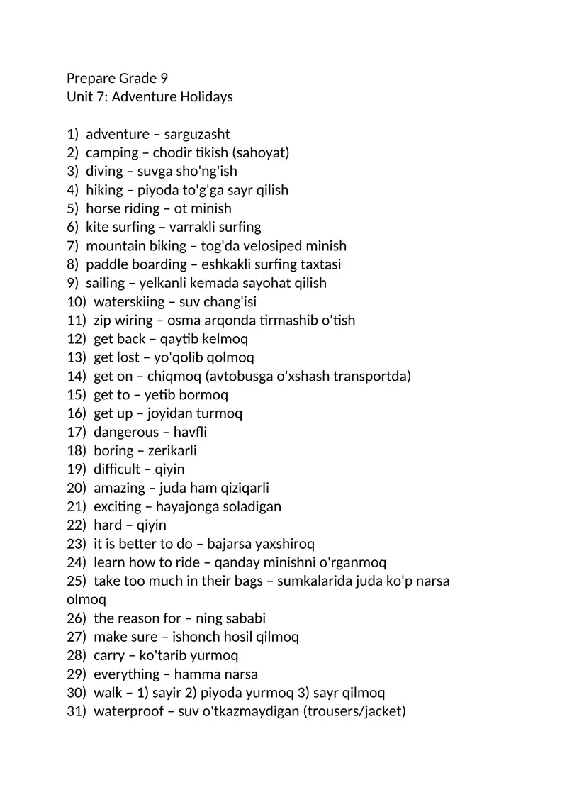 Prepare Grade 9 Unit 7: Adventure Holidays