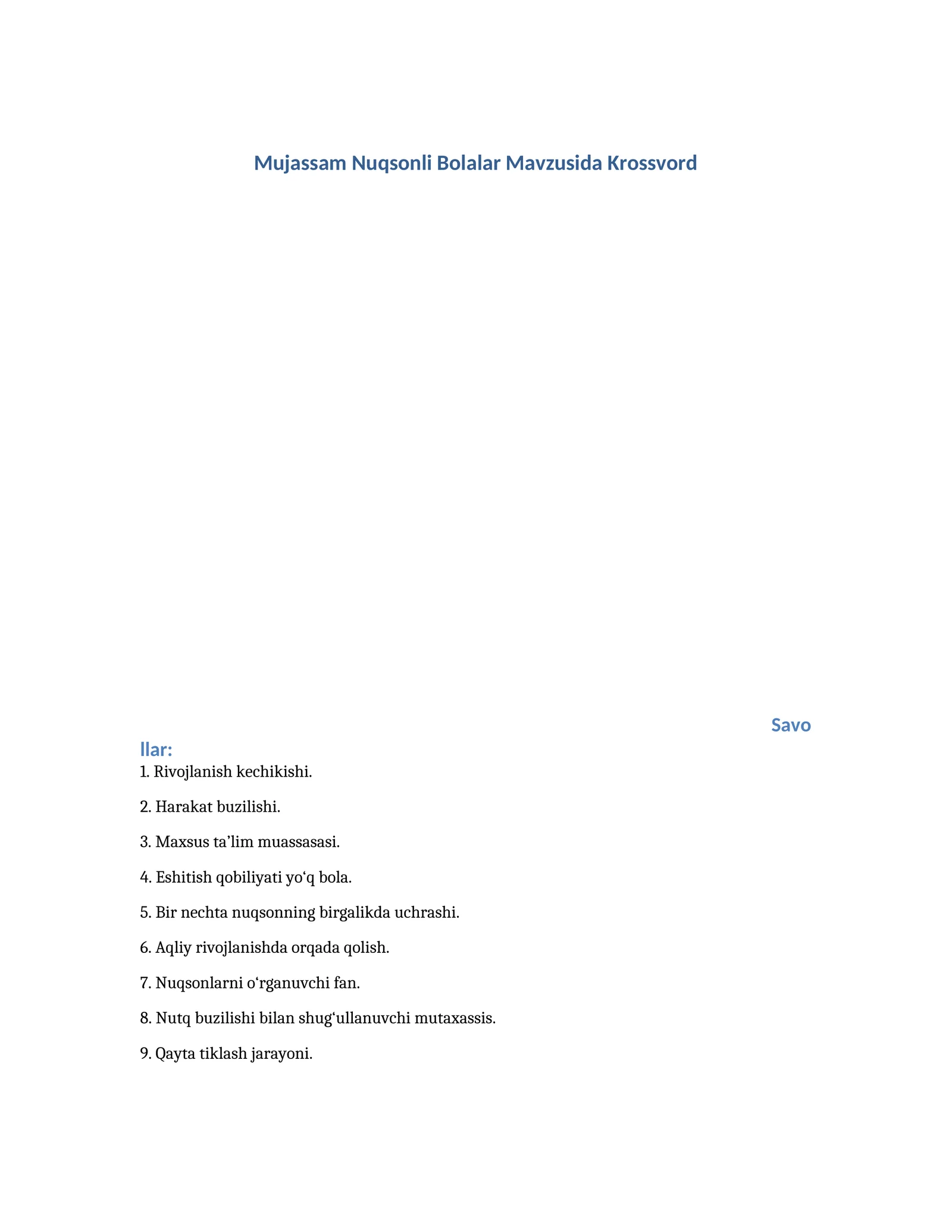 Mujassam Nuqsonli Bolalar Mavzusida Krossvord