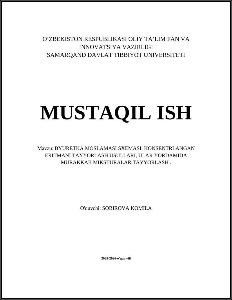 BYURETKA MOSLAMASI SXEMASI. KONSENTRLANGAN ERITMANI TAYYORLASH USULLARI, ULAR YORDAMIDA MURAKKAB MIKSTURALAR TAYYORLASH