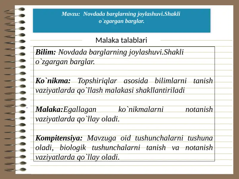 Novdada barglarning joylashuvi.Shakli  o`zgargan barglar.