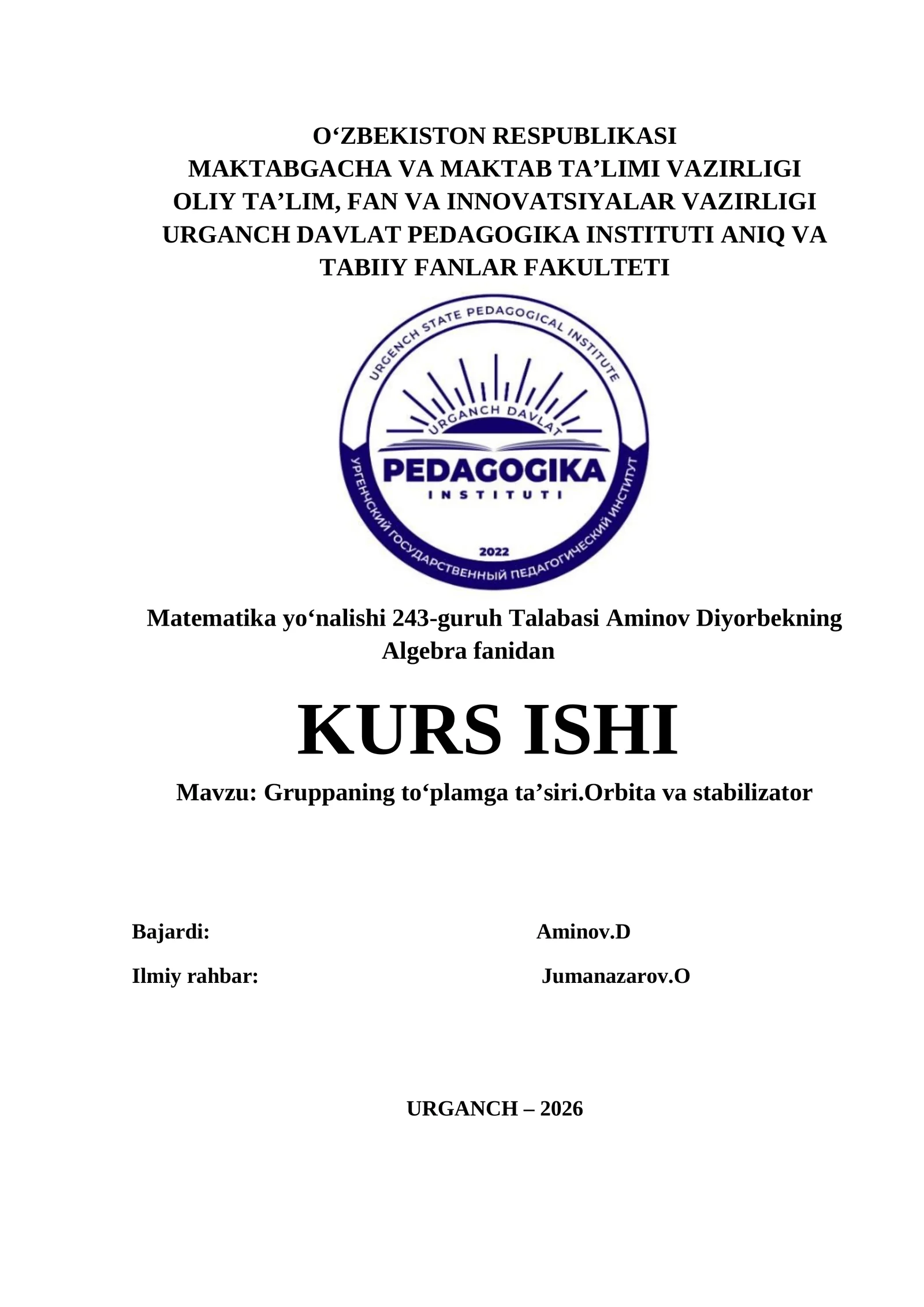 Gruppaning toʻplamga taʼsiri. Orbita va stabilizator