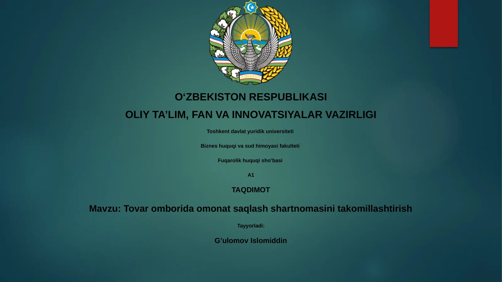 Tovar omborida omonat saqlash shartnomasini takomillashtirish