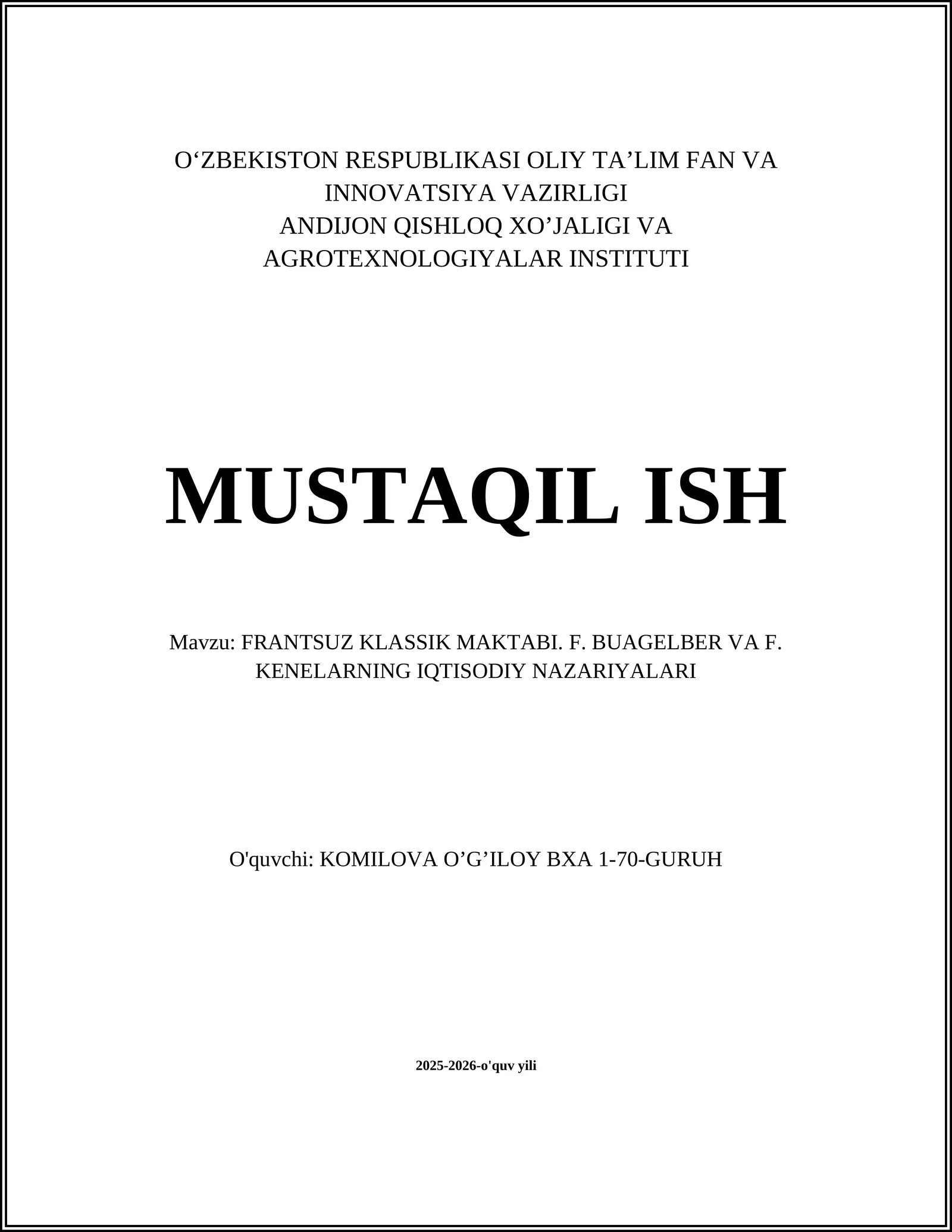 FRANTSUZ KLASSIK MAKTABI. F. BUAGELBER VA F. KENELARNING IQTISODIY NAZARIYALARI
