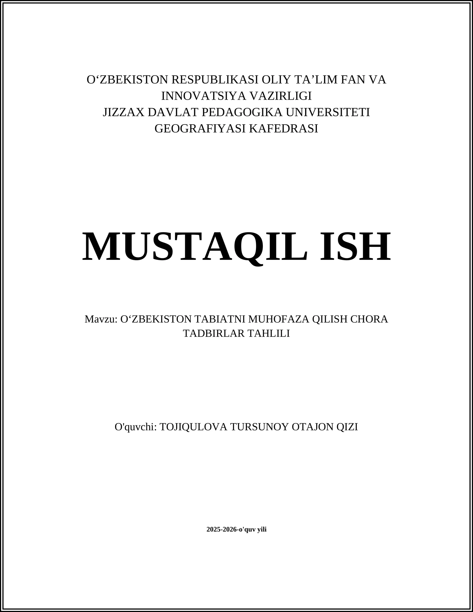 O'ZBEKISTON TABIATNI MUHOFAZA QILISH CHORA TADBIRLAR TAHLILI