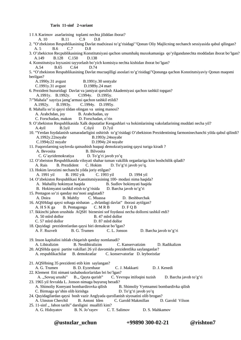 Tarix 11-sinf 2-variant