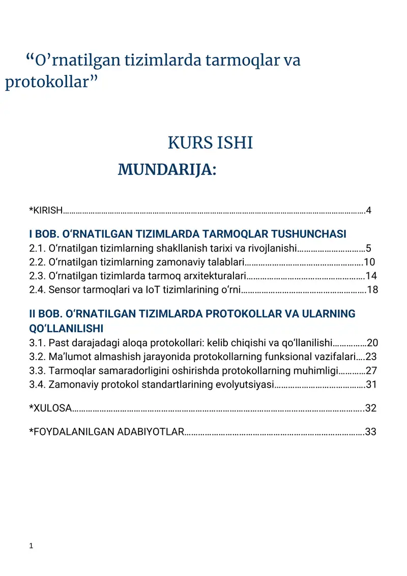 O'rnatilgan tizimlarda tarmoqlar va protokollar