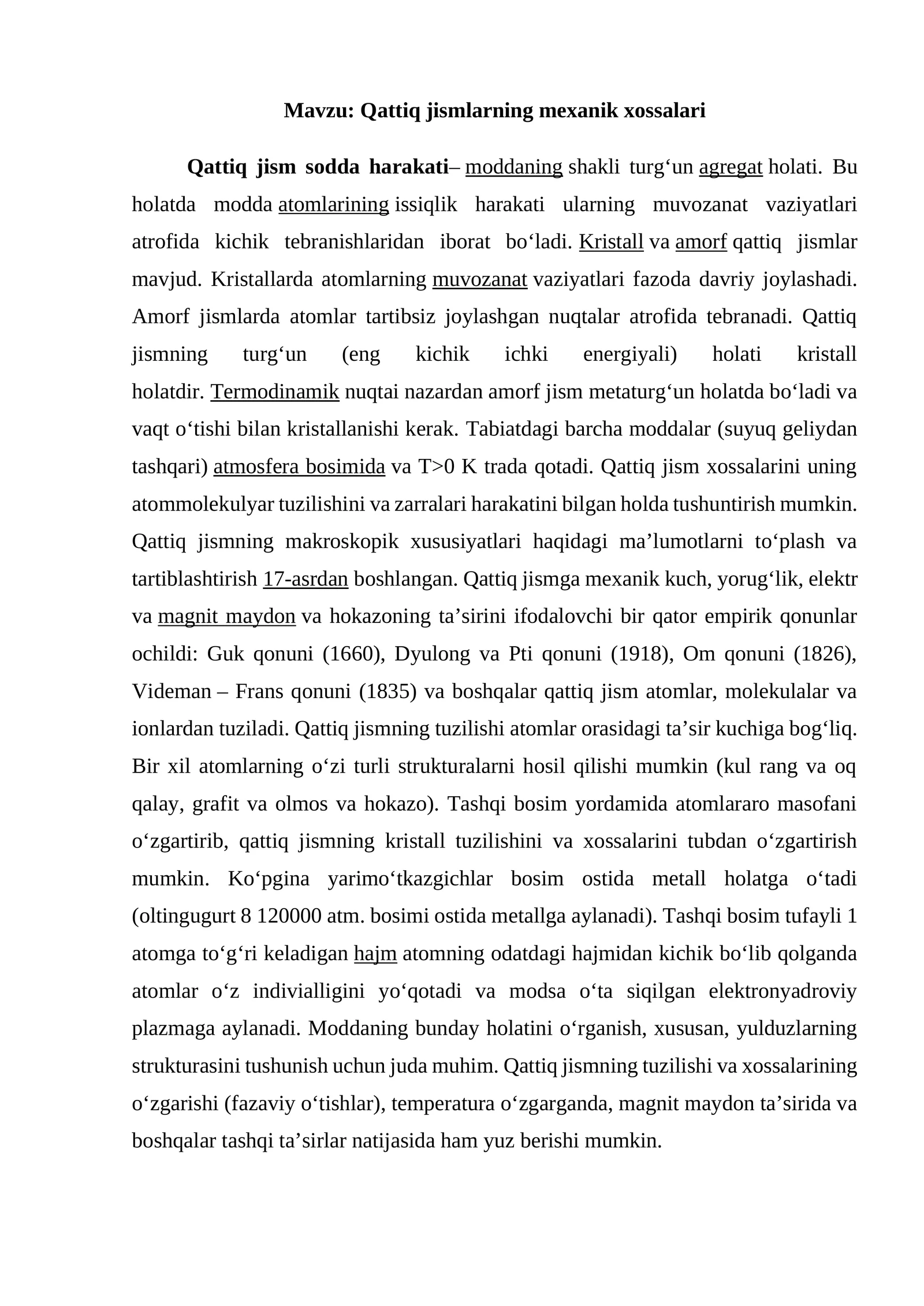 Qattiq jismlarning mexanik xossalari