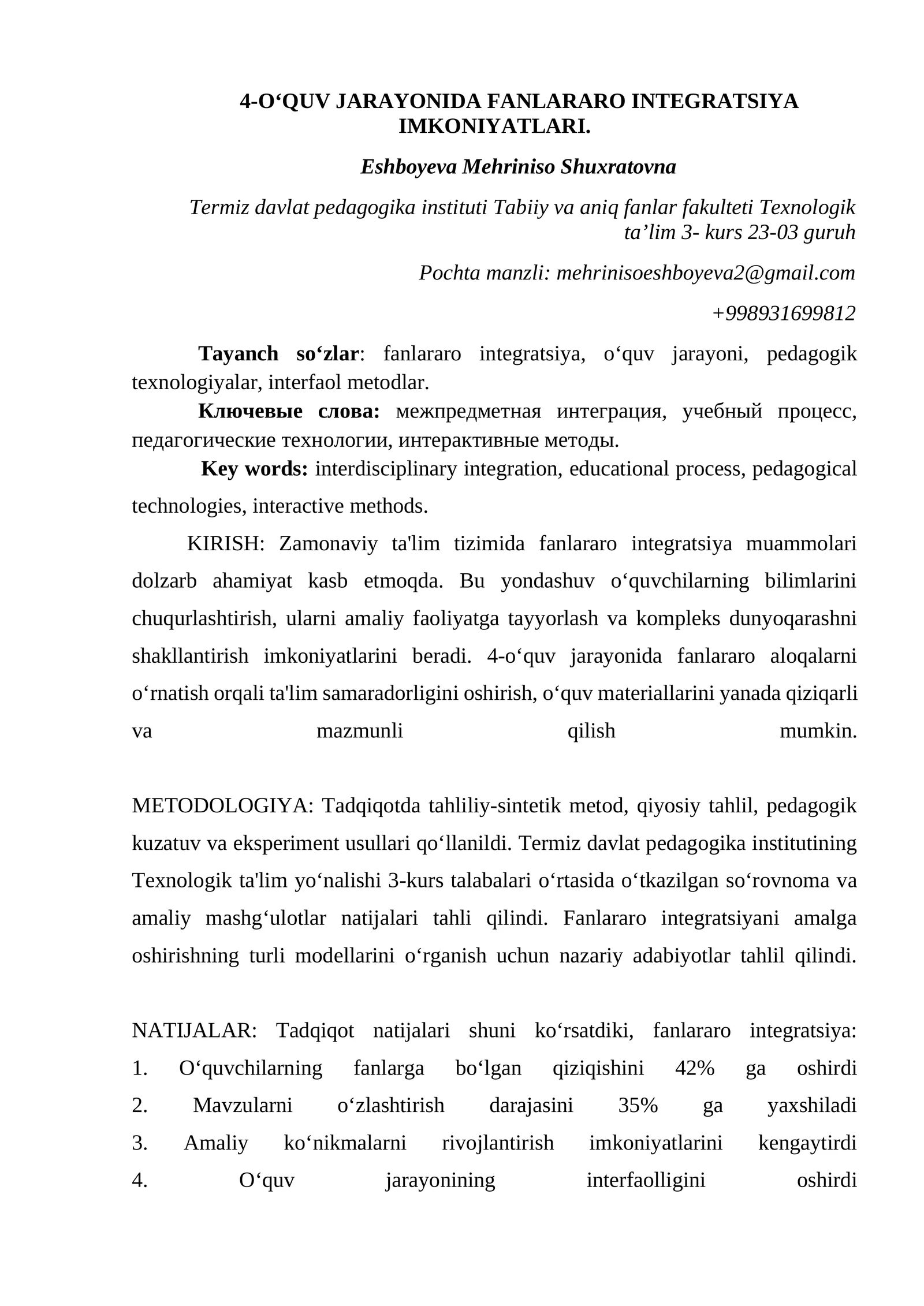 4-O‘QUV JARAYONIDA FANLARARO INTEGRATSIYA IMKONIYATLARI