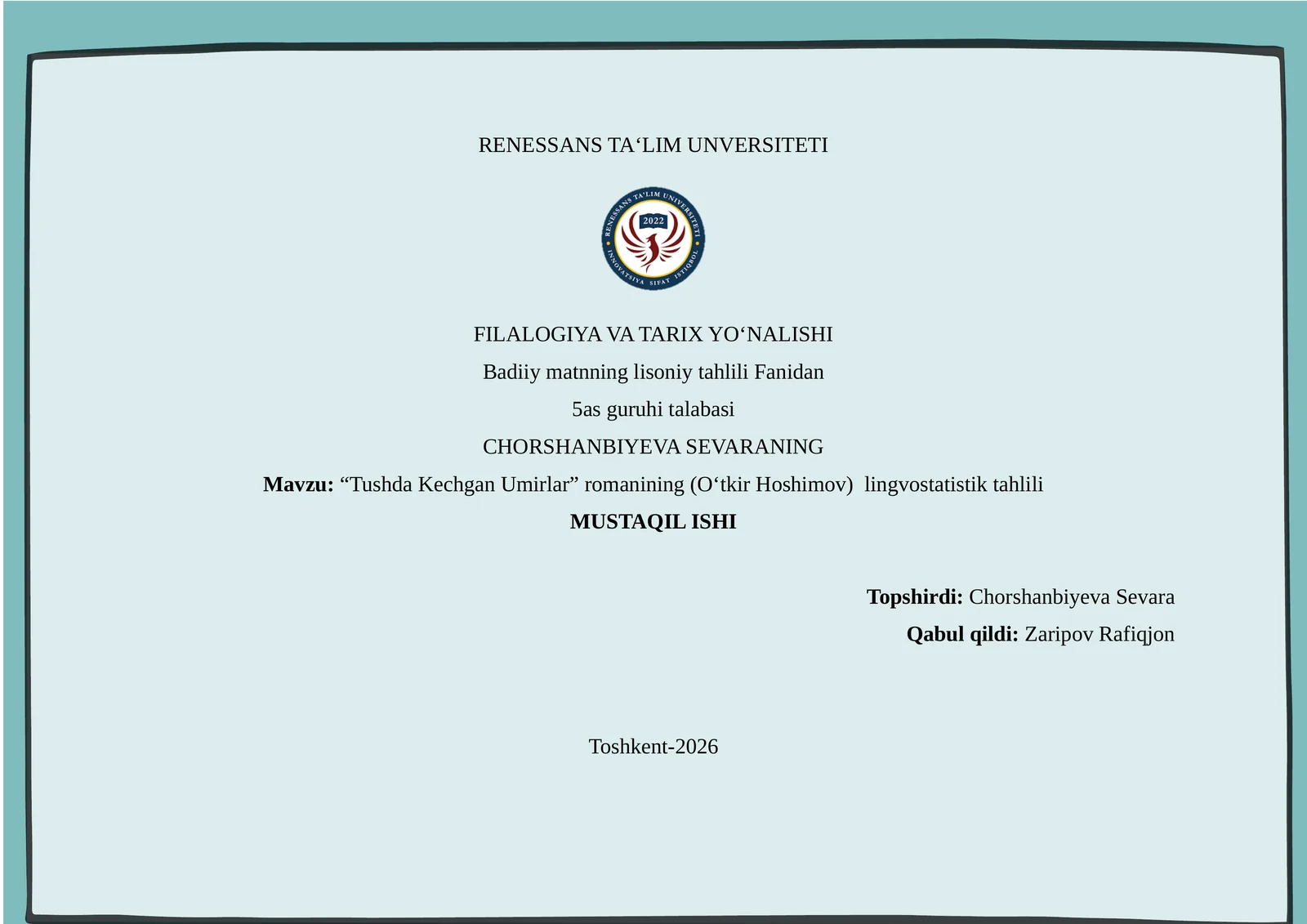 “Tushda Kechgan Umirlar” romanining (O‘tkir Hoshimov)  lingvostatistik tahlili