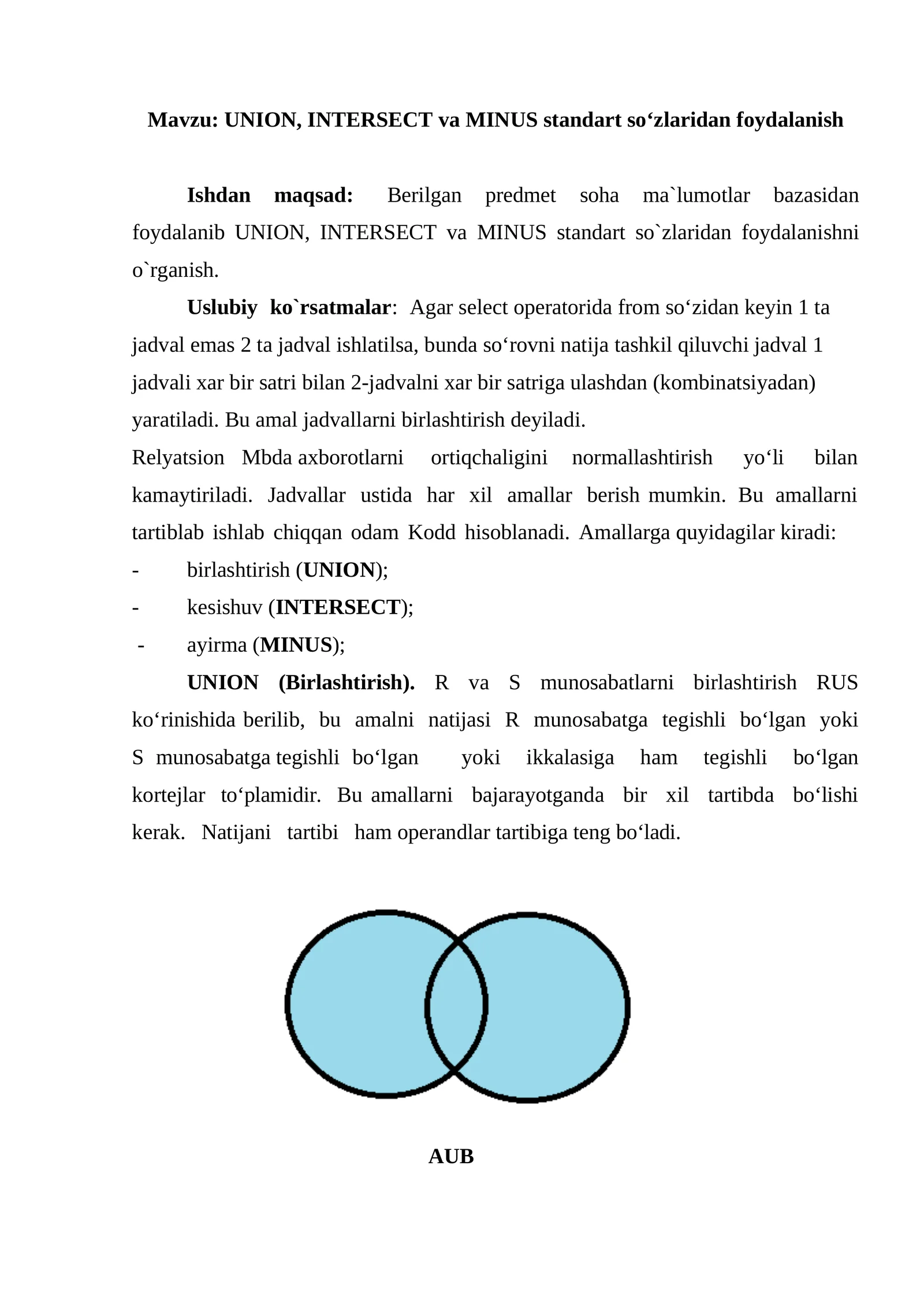 UNION, INTERSECT va MINUS standart so‘zlaridan foydalanish