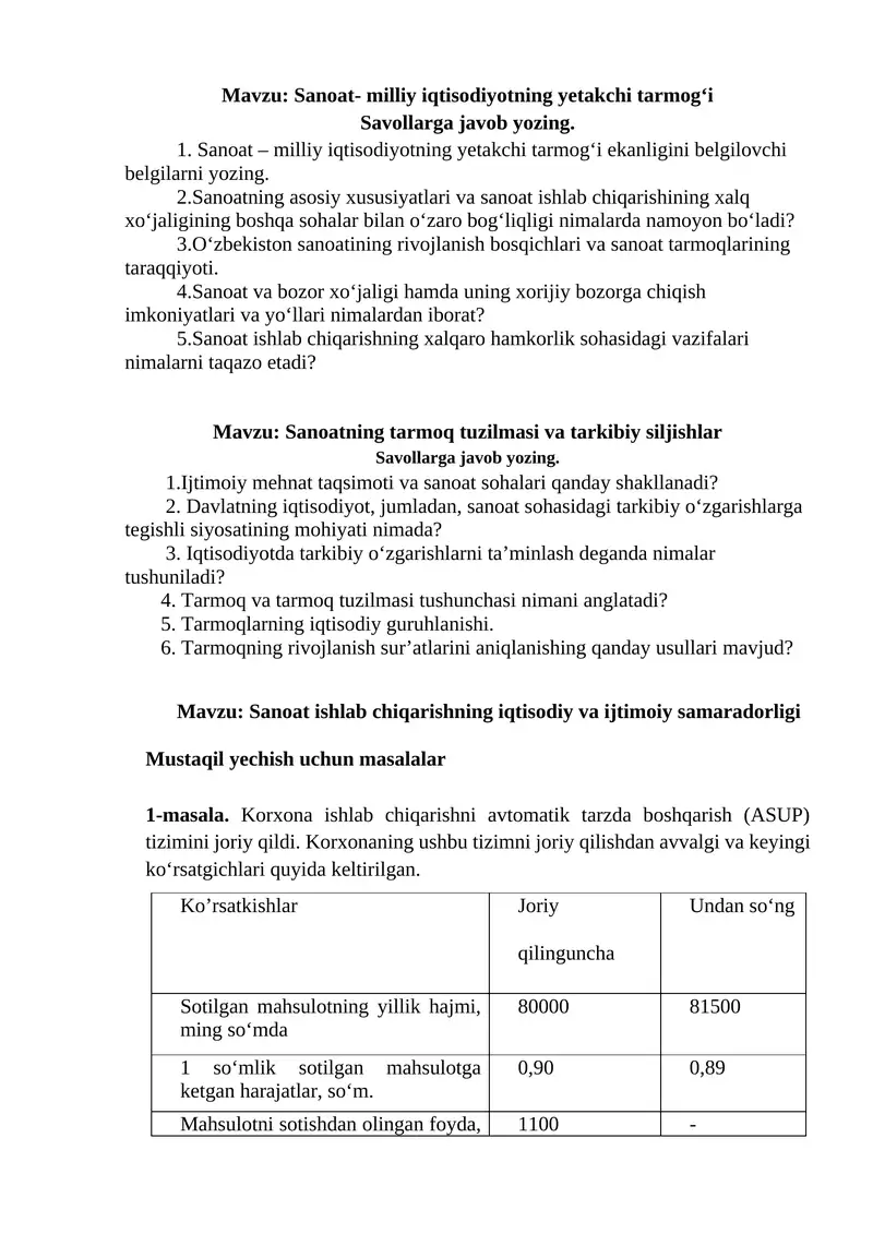 Sanoat- milliy iqtisodiyotning yetakchi tarmog‘i