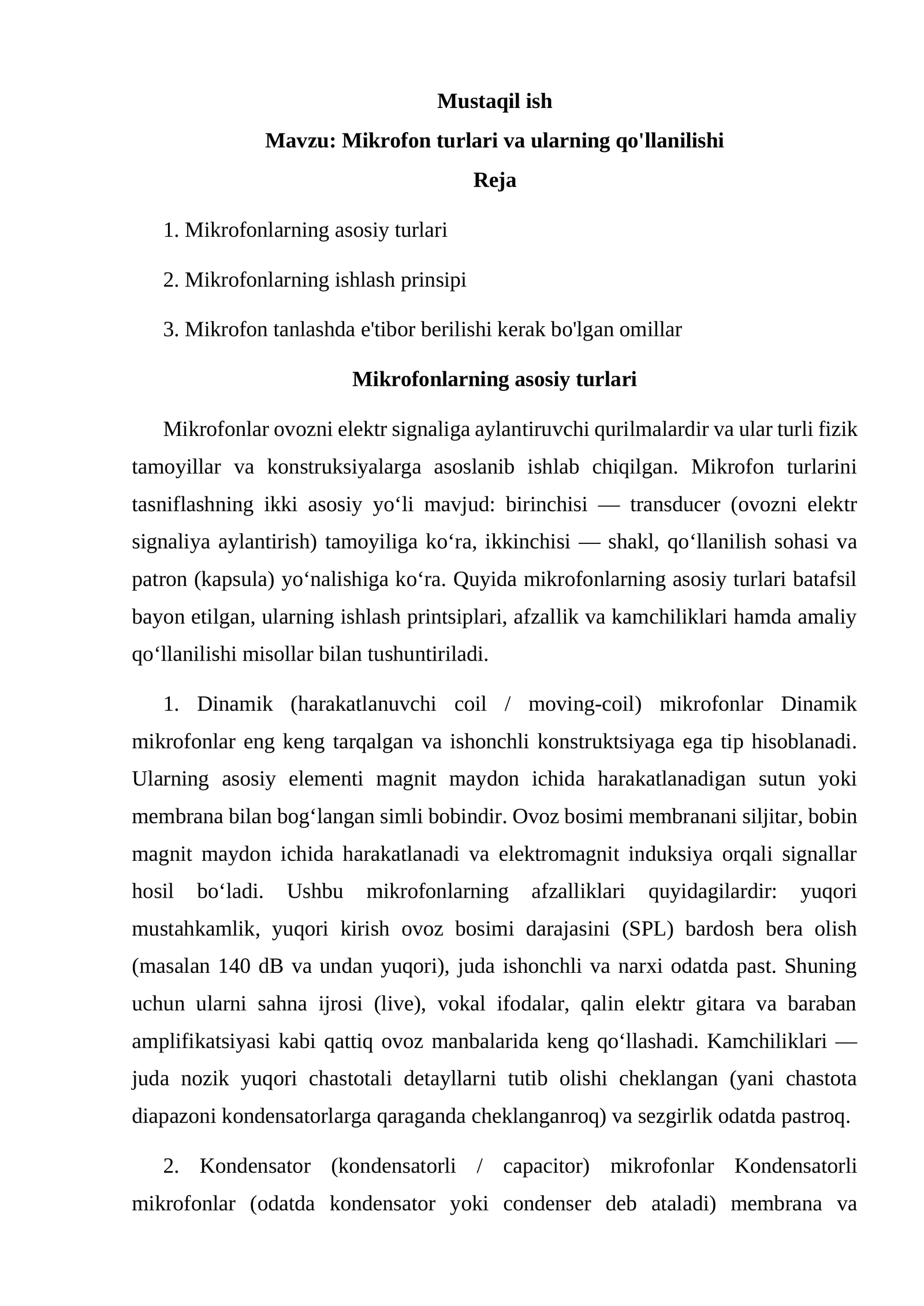 Mikrofon turlari va ularning qo'llanilishi