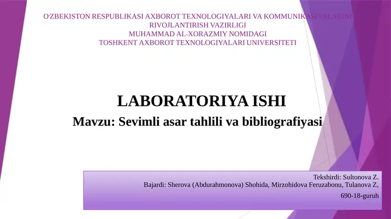 Mavzu: Sevimli asar tahlili va bibliografiyasi