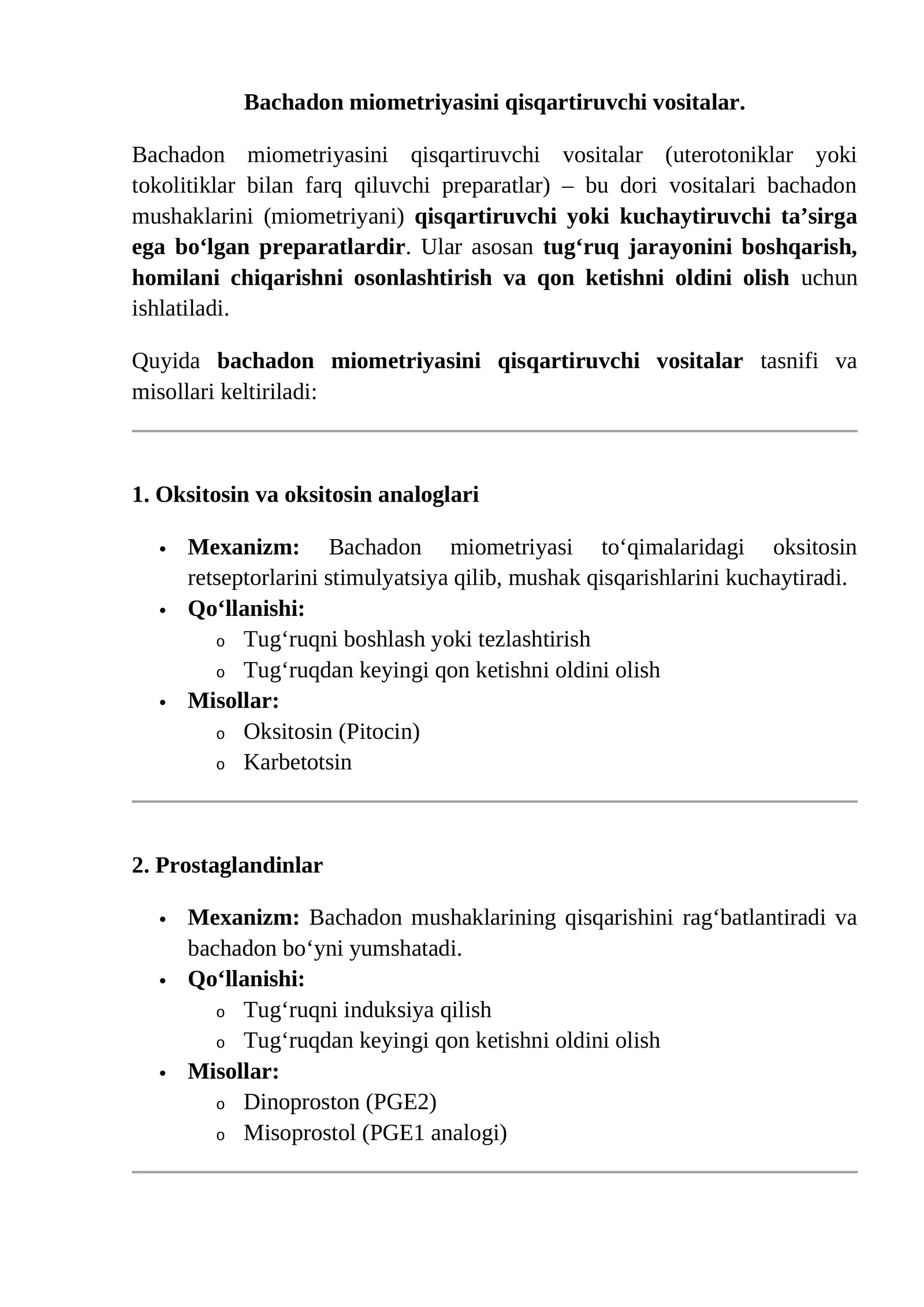 Bachadon miometriyasini qisqartiruvchi vositalar