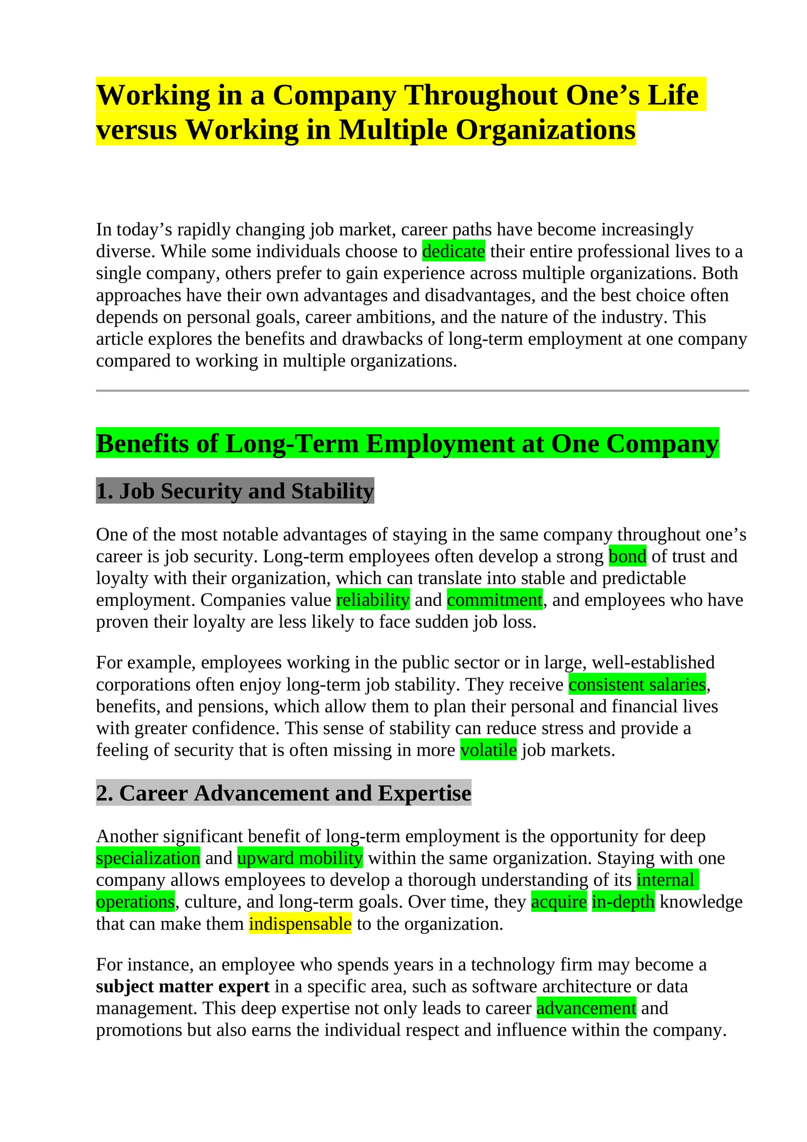 Working in a Company Throughout One’s Life versus Working in Multiple Organizations