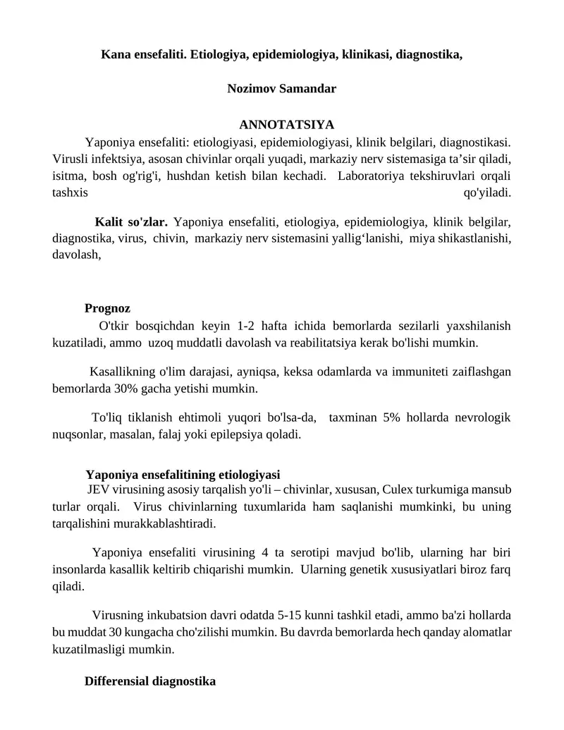 Yaponiya ensefaliti: etiologiyasi, epidemiologiyasi, klinik belgilari, diagnostikasi