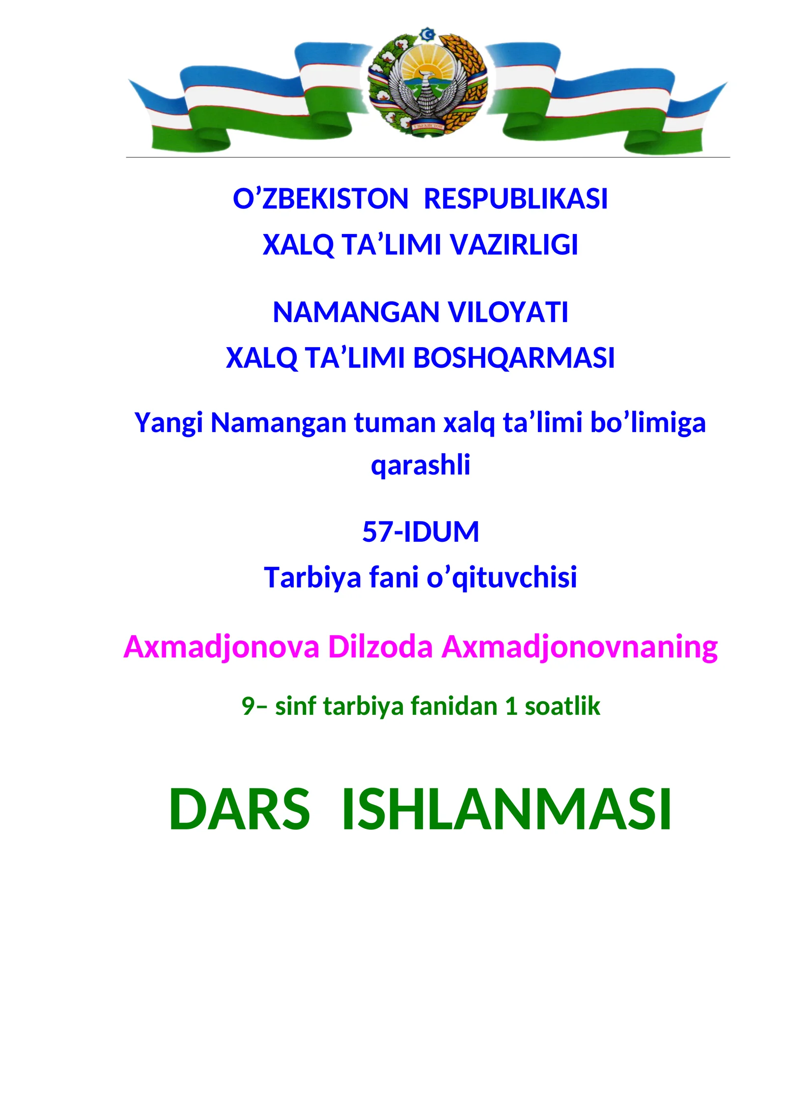 9-sinf Tarbiya fanidan Baxt oilada mavzusida ochiq dars ishlanma