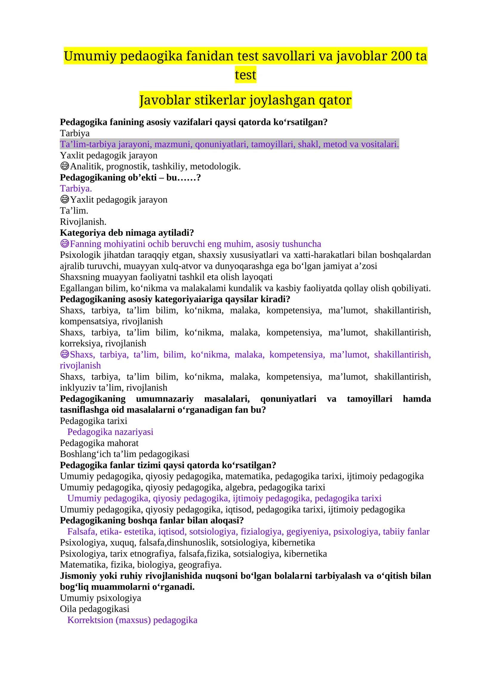 Umumiy pedagogika fanidan 200 ta test savollari va javoblar to'plami