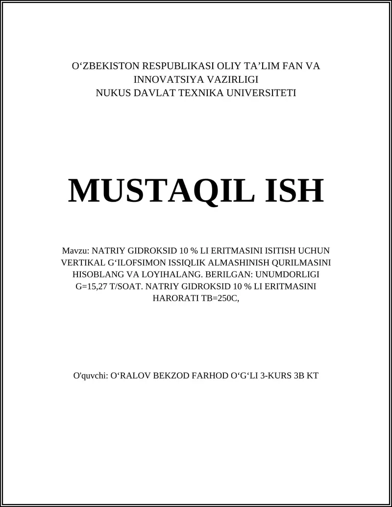 Natriy Gidroksid 10% li eritmasini Isitish Uchun Vertikal G'ilofsimon Issiqlik Almashinish Qurilmasi
