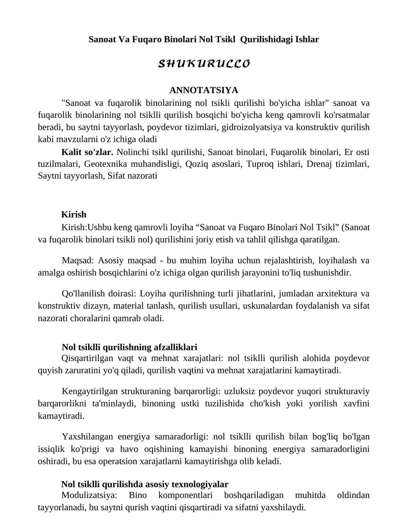 Sanoat Va Fuqaro Binolari Nol Tsikl Qurilishidagi Ishlar