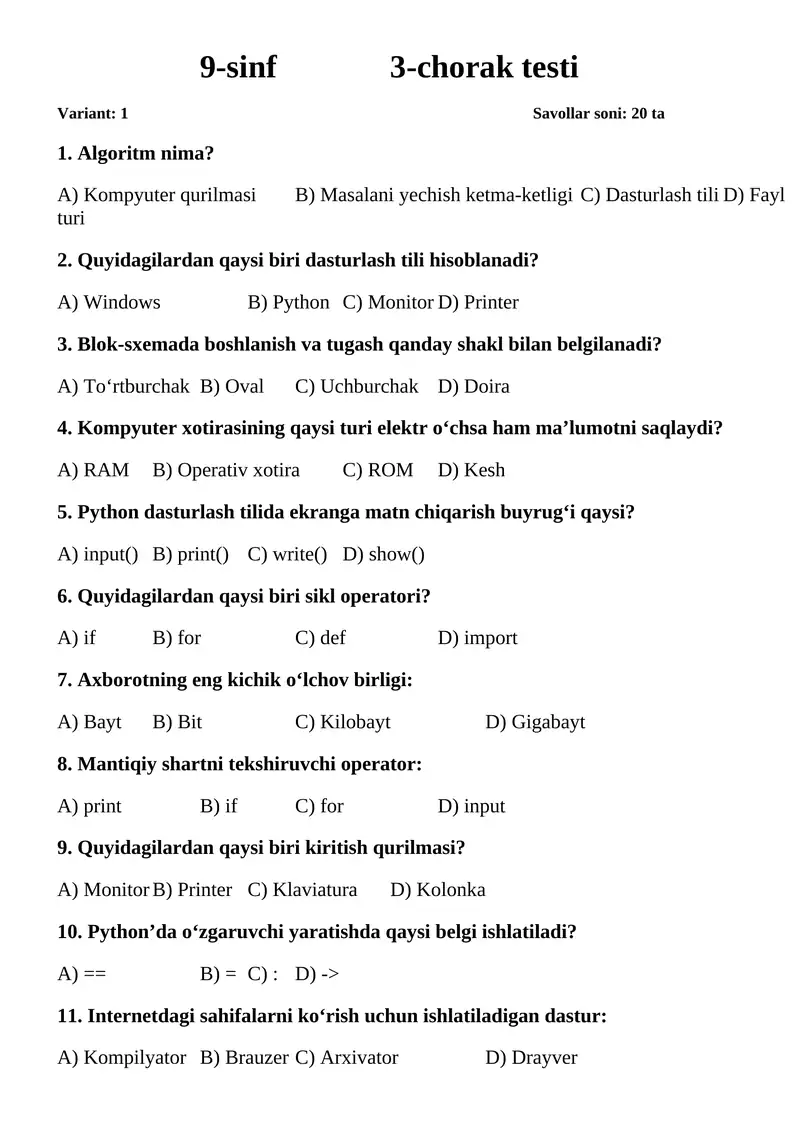 9-sinf 3-chorak testi