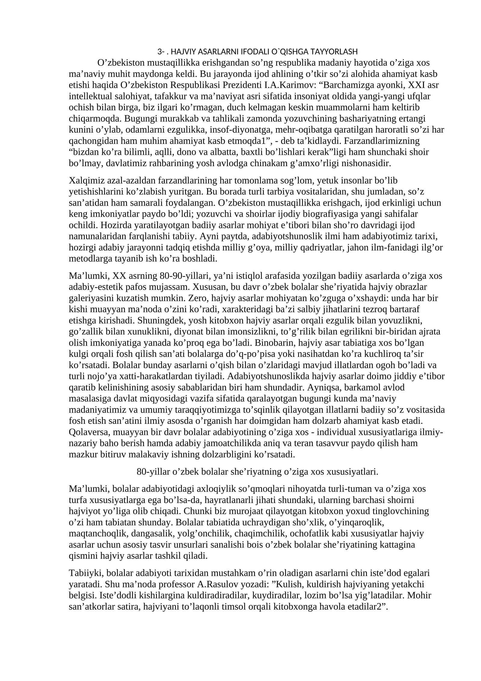 HAJVIY ASARLARNI IFODALI O`QISHGA TAYYORLASH