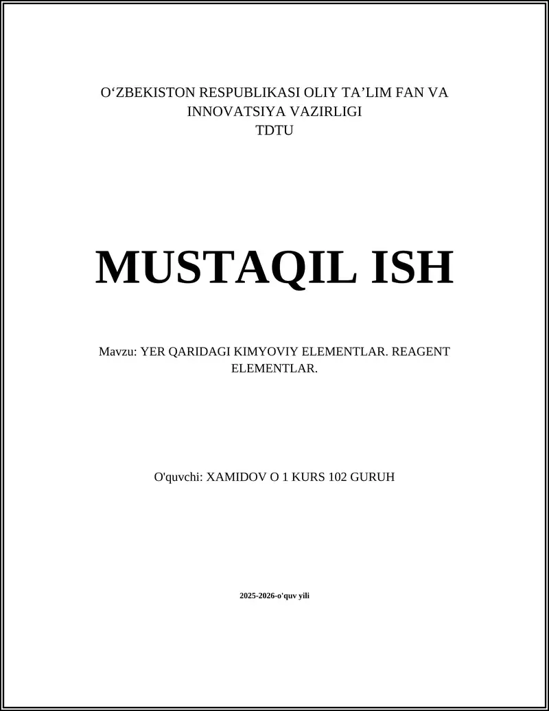 Yer Qaridagi Kimyoviy Elementlar. Reagent Elementlar
