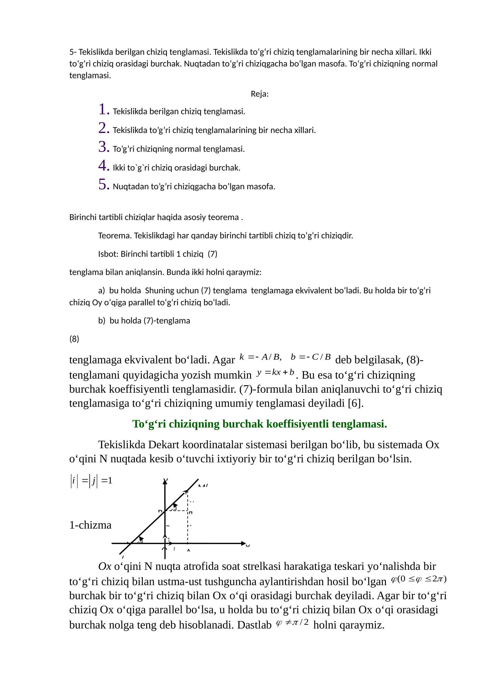 Tekislikda tekislik berilgan chiziq tenglamasi
