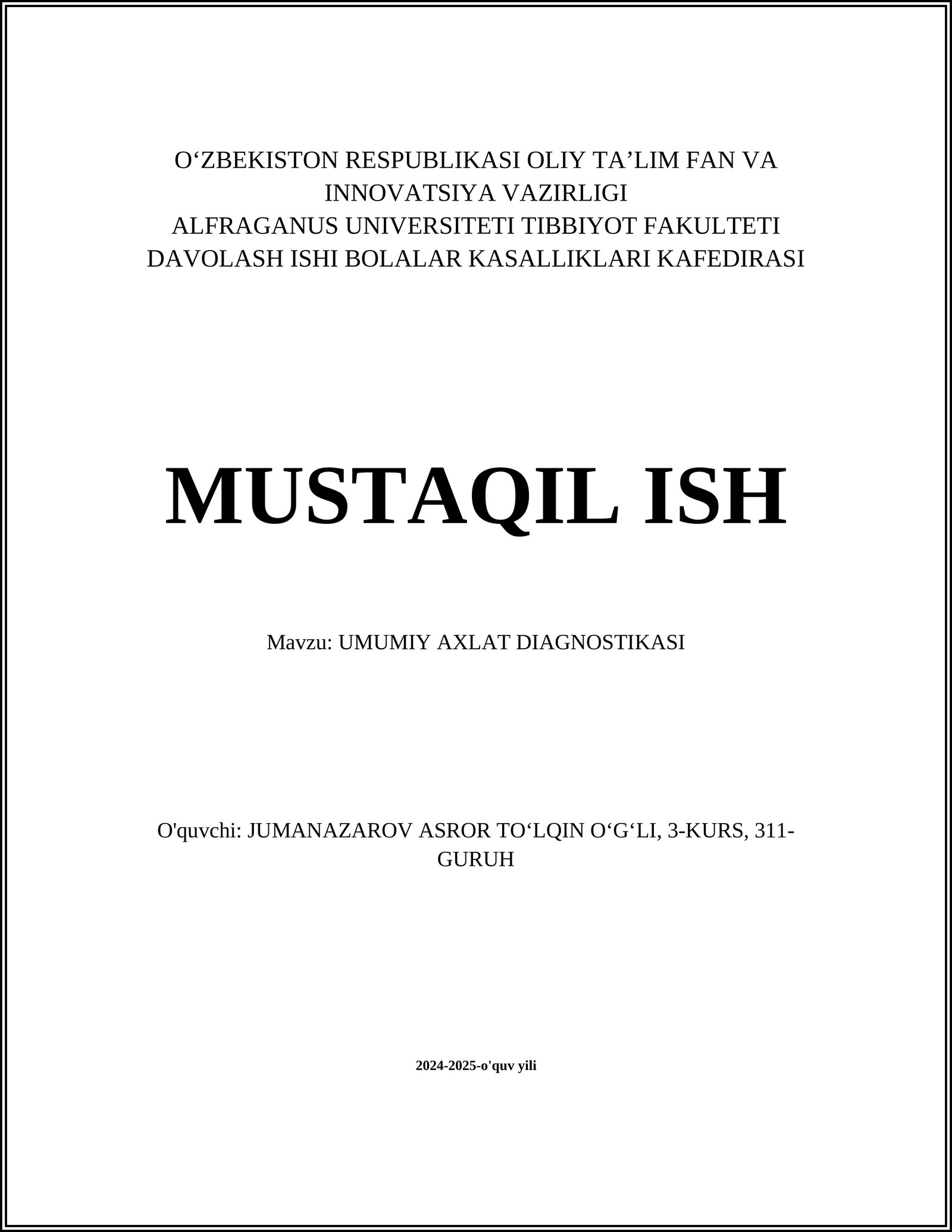 UMUMIY AXLAT DIAGNOSTIKASI