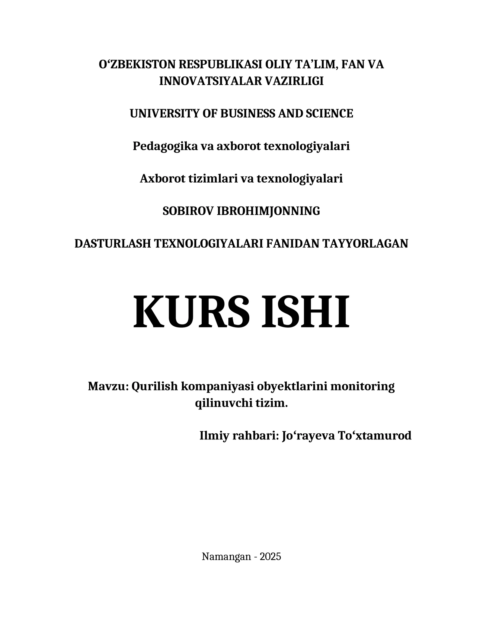 QURILISH KOMPANIYASI OBYEKTLARINI MONITORING QILINUVCHI TIZIM.