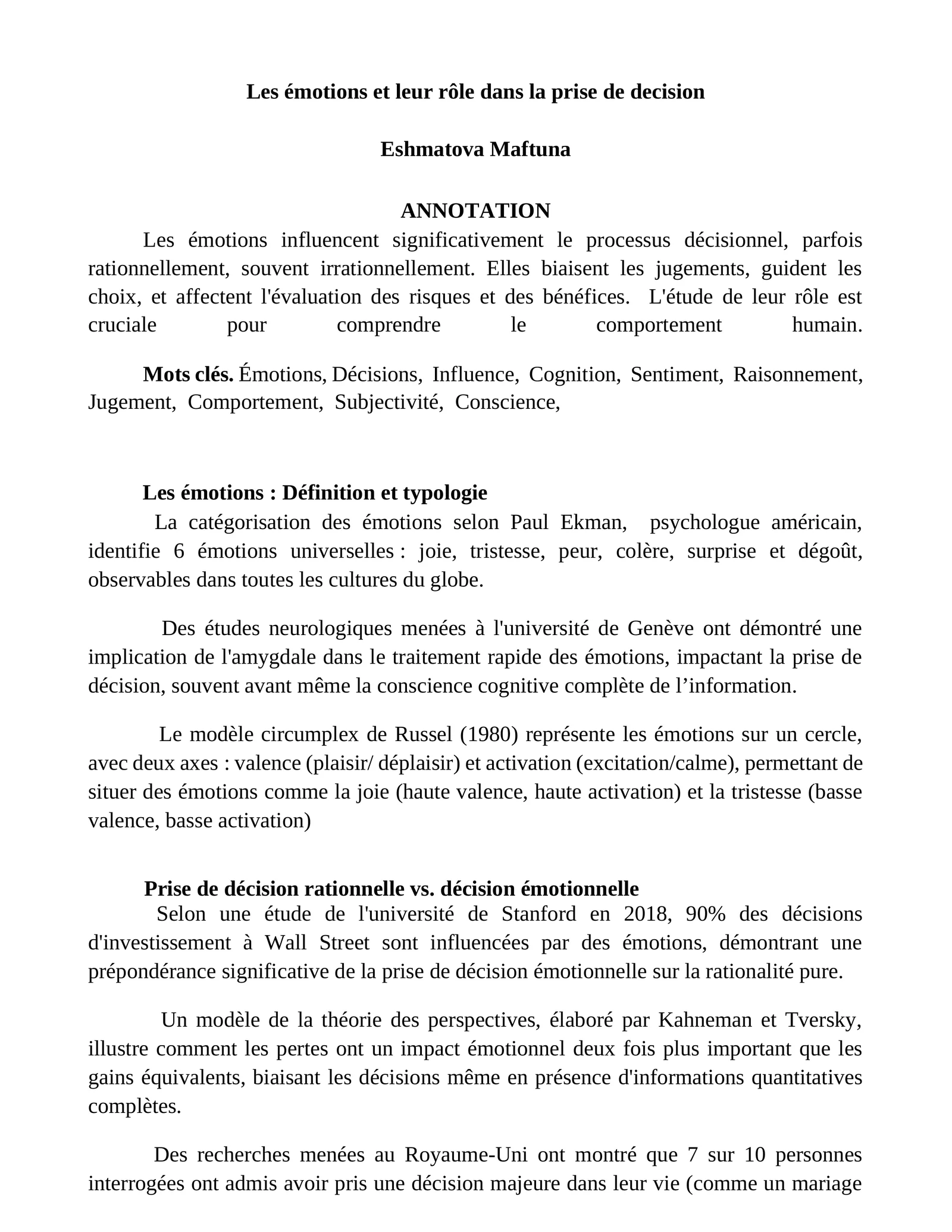 Les émotions et leur rôle dans la prise de décision